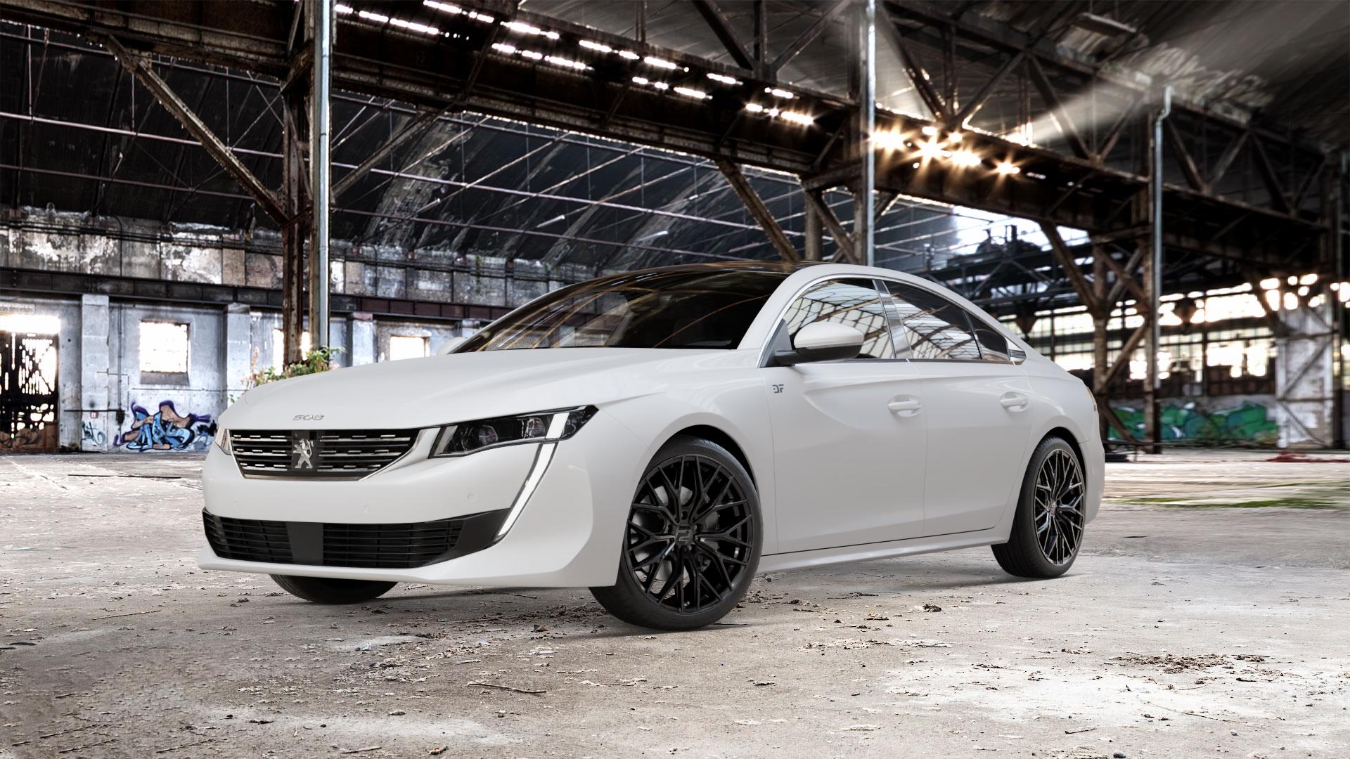 2DRV WH37 Schwarz glanz lackiert Felge mit Reifen in 19Zoll Winterfelge Alufelge auf weissem Peugeot 508 Typ F Limousine ⬇️ mit 15mm Tieferlegung ⬇️ Old Industrial Hall_max_5300mm_2024 Frontansicht_1