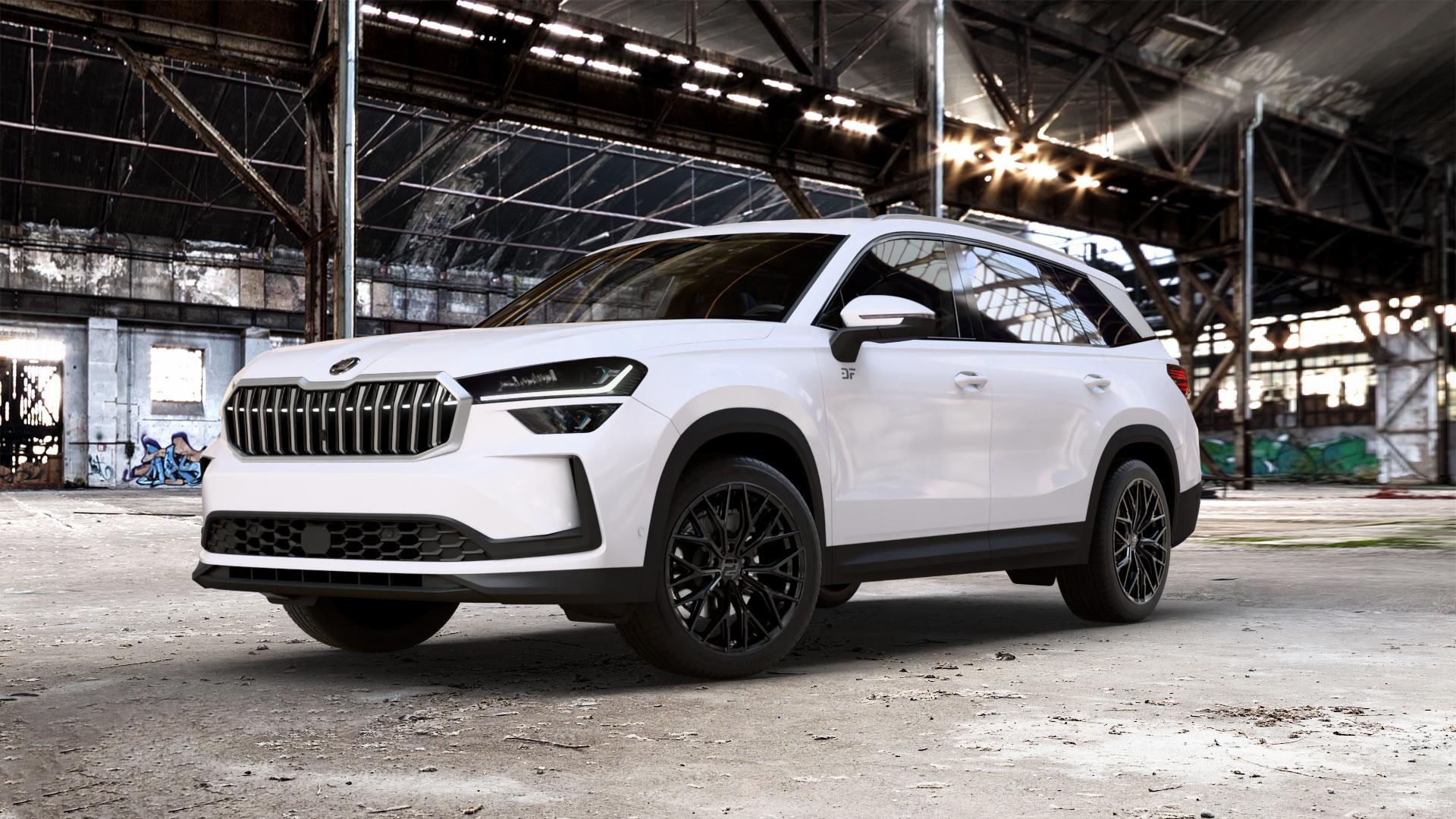 2DRV WH37 Schwarz glanz lackiert Felge mit Reifen in 19Zoll Winterfelge Alufelge auf weissem Skoda Kodiaq Typ PS 1,5l TSI 110kW Hybrid (150 PS) 2,0l TDI 4x4 142kW (193 Mild-Hybrid 150kW (204 ⬇️ mit 15mm Tieferlegung ⬇️ Old Industrial Hall_max_5300mm_2024 Frontansicht_1