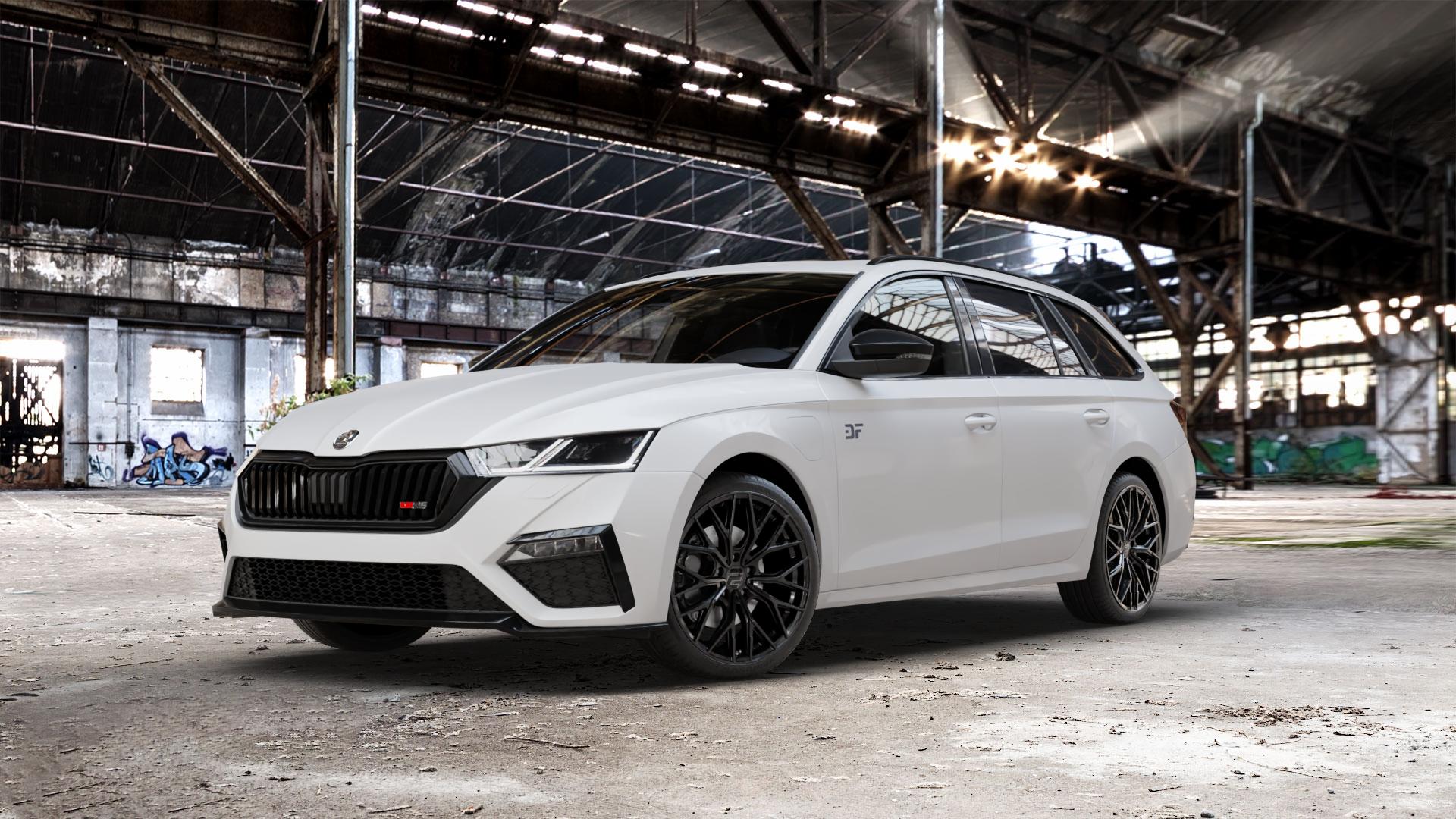 2DRV WH37 Schwarz glanz lackiert Felge mit Reifen in 19Zoll Winterfelge Alufelge auf weissem Skoda Octavia IV Kombi Typ NX 2,0l TDI 4x4 147kW (200 PS) 1,4l TSI 110kW Hybrid RS (150 180kW (245 ⬇️ mit 15mm Tieferlegung ⬇️ Old Industrial Hall_max_5300mm_2024 Frontansicht_1