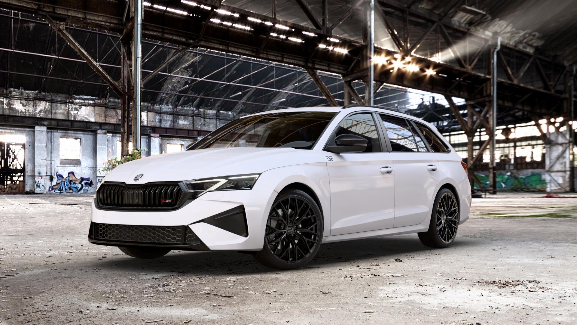 2DRV WH37 Schwarz glanz lackiert Felge mit Reifen in 19Zoll Winterfelge Alufelge auf weissem Skoda Octavia IV Kombi Typ NX Facelift 2,0l TSI 195kW RS (265 PS) ⬇️ mit 15mm Tieferlegung ⬇️ Old Industrial Hall_max_5300mm_2024 Frontansicht_1