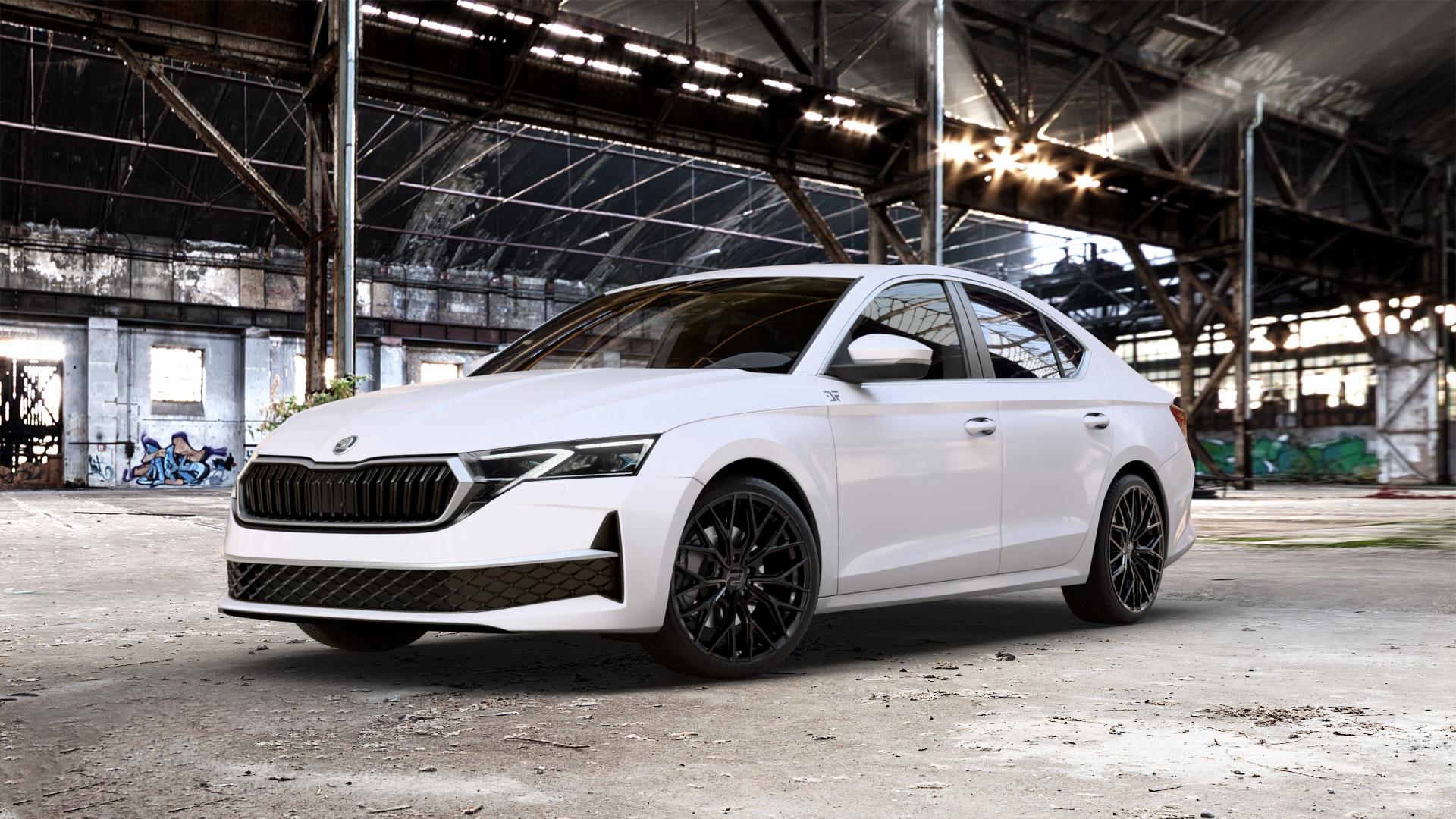 2DRV WH37 Schwarz glanz lackiert Felge mit Reifen in 19Zoll Winterfelge Alufelge auf weissem Skoda Octavia IV Limousine Typ NX Facelift 1,5l TSI 85kW Mild-Hybrid (116 PS) 110kW (150 2,0l TDI ⬇️ mit 15mm Tieferlegung ⬇️ Old Industrial Hall_max_5300mm_2024 Frontansicht_1