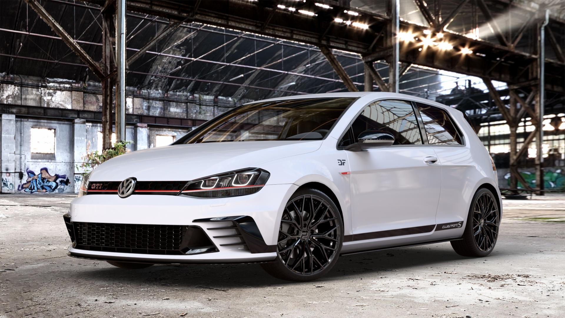 2DRV WH37 Schwarz glanz lackiert Felge mit Reifen in 19Zoll Winterfelge Alufelge auf weissem unilack Volkswagen (VW) Golf 7 2,0l GTI Clubsport 195kW (265 PS) S 228kW (310 Facelift TCR 213kW (290 ⬇️ mit 15mm Tieferlegung ⬇️ Old Industrial Hall_max_4400mm_2024 Frontansicht_1