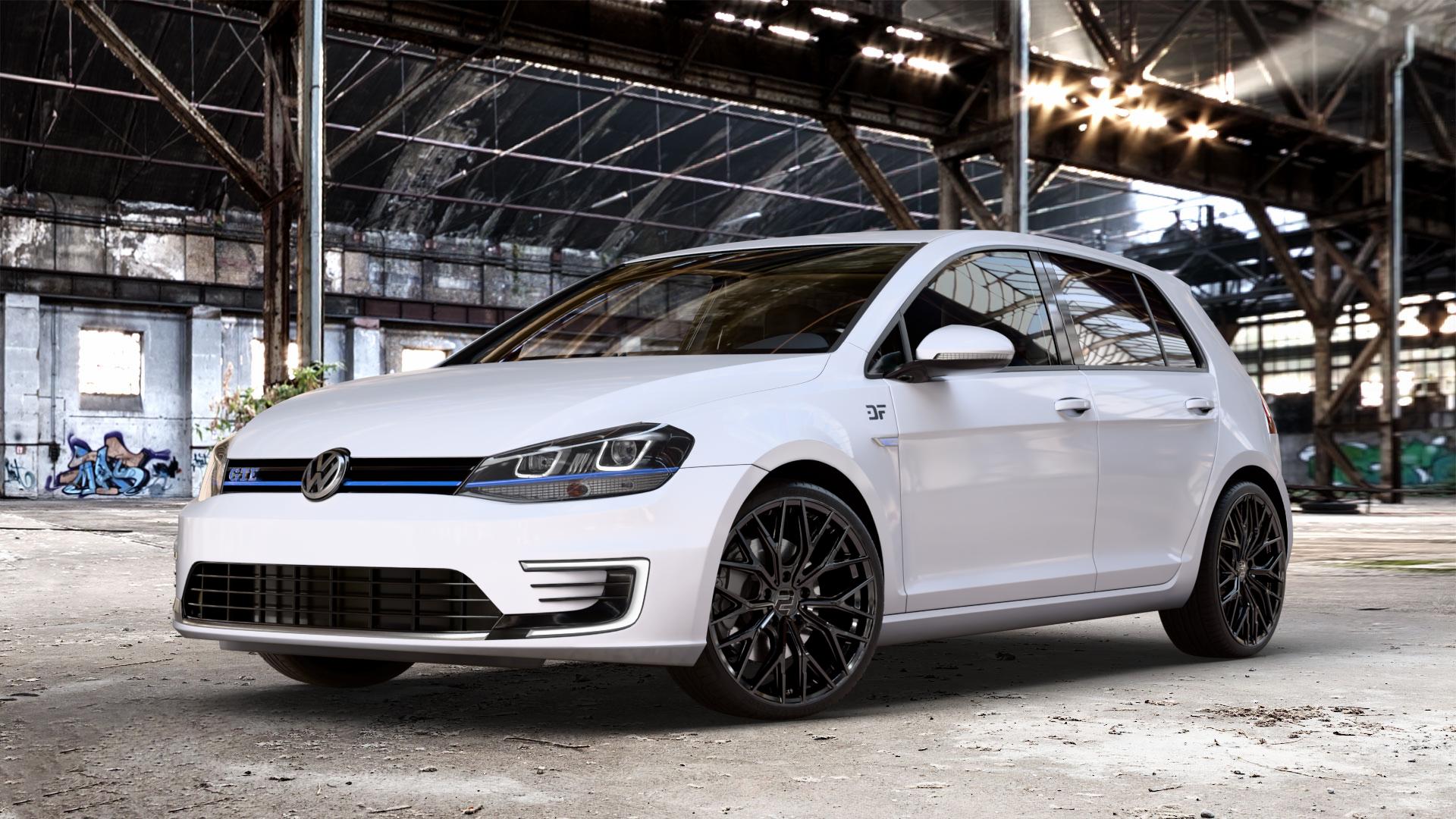2DRV WH37 Schwarz glanz lackiert Felge mit Reifen in 19Zoll Winterfelge Alufelge auf weissem Volkswagen (VW) Golf 7 1,4l GTE Hybrid 110kW (150 PS) Facelift 0,0l e-Golf 100kW (136 ⬇️ mit 15mm Tieferlegung ⬇️ Old Industrial Hall_max_4400mm_2024 Frontansicht_1