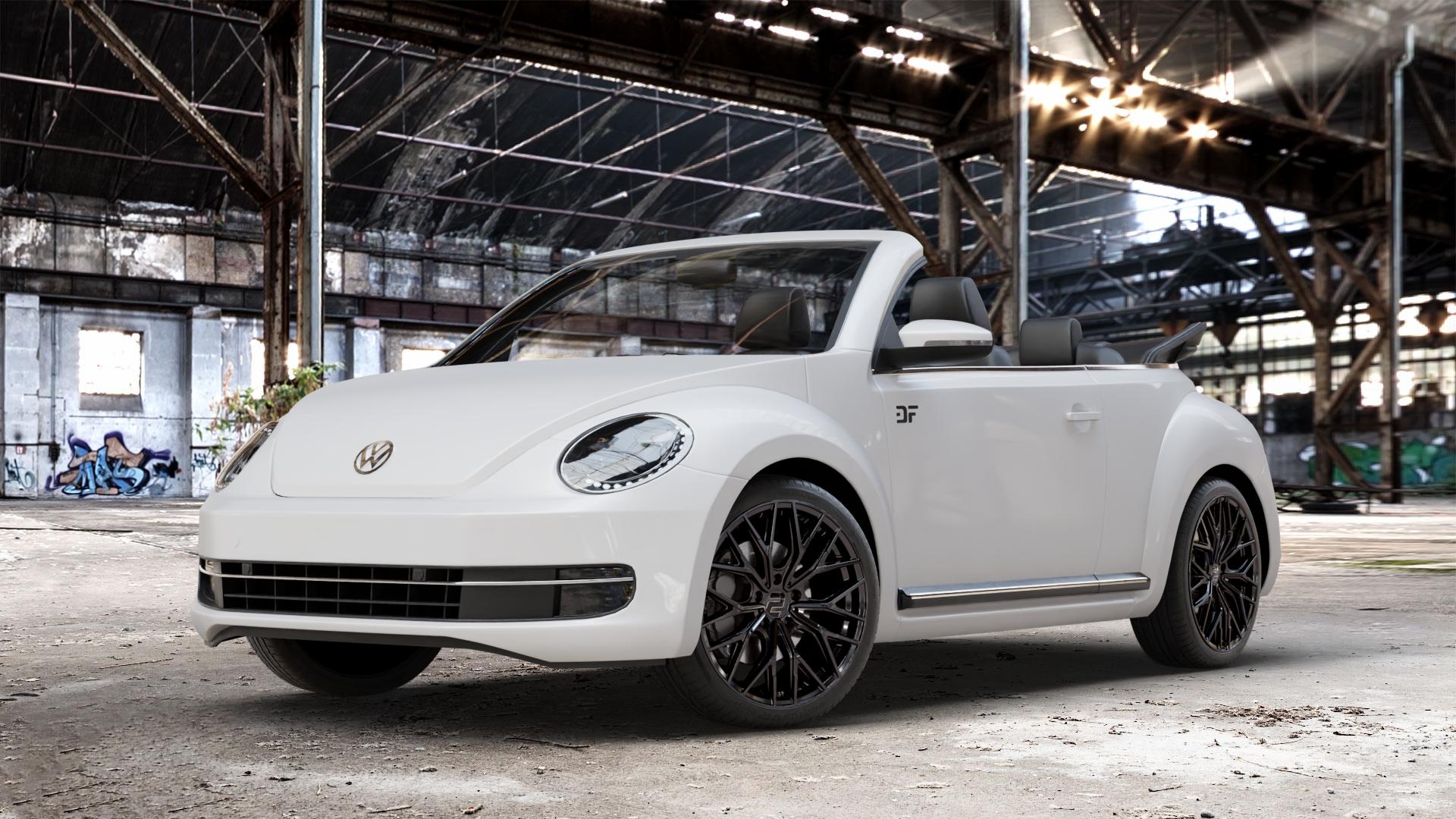 2DRV WH37 Schwarz glanz lackiert Felge mit Reifen in 19Zoll Winterfelge Alufelge auf weissem Volkswagen (VW) The Beetle Cabrio Typ 16 ⬇️ mit 15mm Tieferlegung ⬇️ Old Industrial Hall_max_4400mm_2024 Frontansicht_1