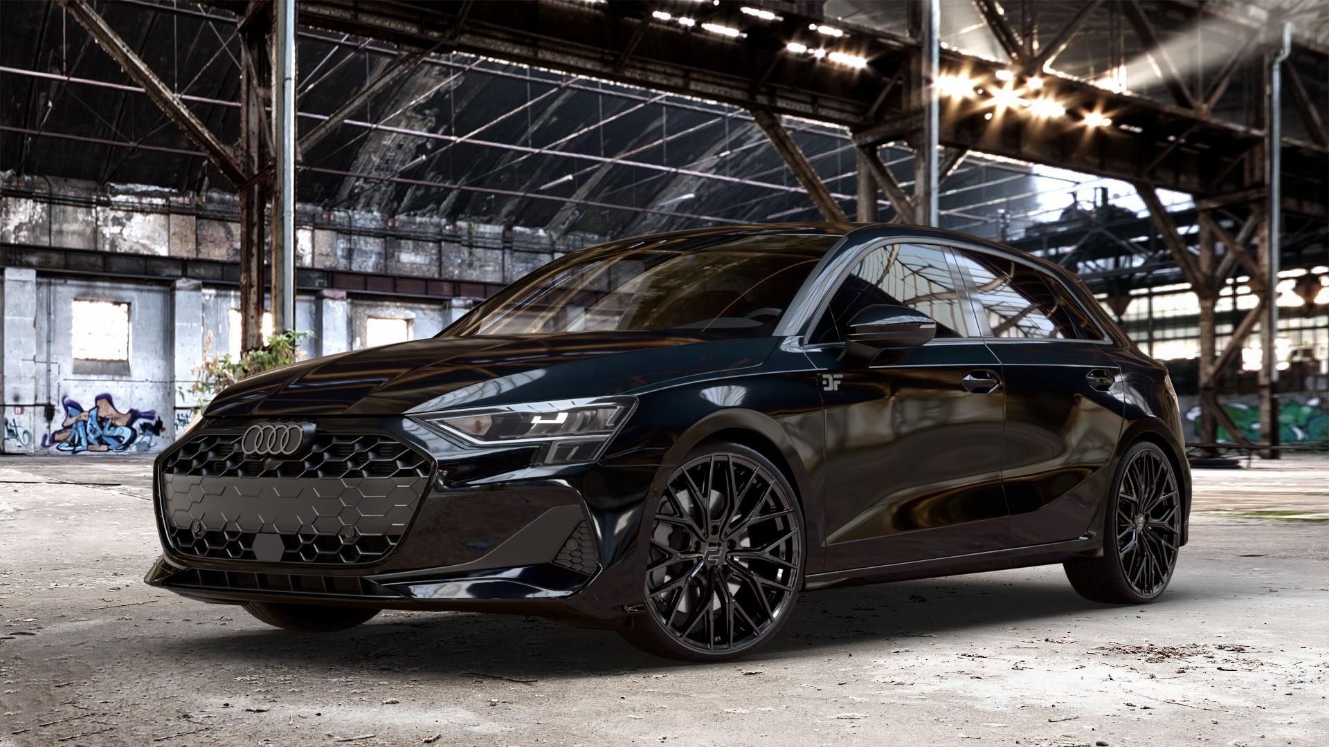 2DRV WH37 Schwarz glanz lackiert Felge mit Reifen in 20Zoll Winterfelge Alufelge auf metallic schwarzem Audi A3 Typ GY (Sportback) Facelift 2,0l 30 TDI 85kW (116 PS) 1,5l TFSI Mild-Hybrid 35 110kW (150 PHEV 200 130kW Hybrid (177 150 ⬇️ mit 15mm Tieferlegung ⬇️ Old Industrial Hall_max_4400mm_2024 Frontansicht_1