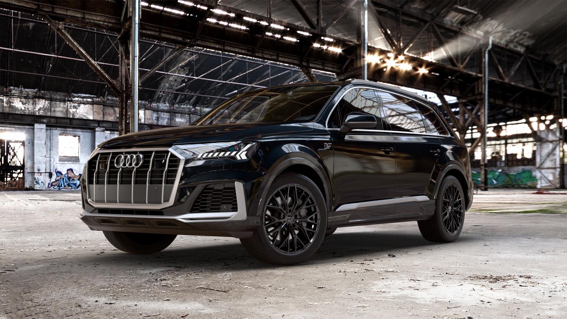 2DRV WH37 Schwarz glanz lackiert Felge mit Reifen in 20Zoll Winterfelge Alufelge auf metallic schwarzem Audi Q7 II Typ 4M (4L) Facelift 19-> ⬇️ mit 15mm Tieferlegung ⬇️ Old Industrial Hall_max_5300mm_2024 Frontansicht_1