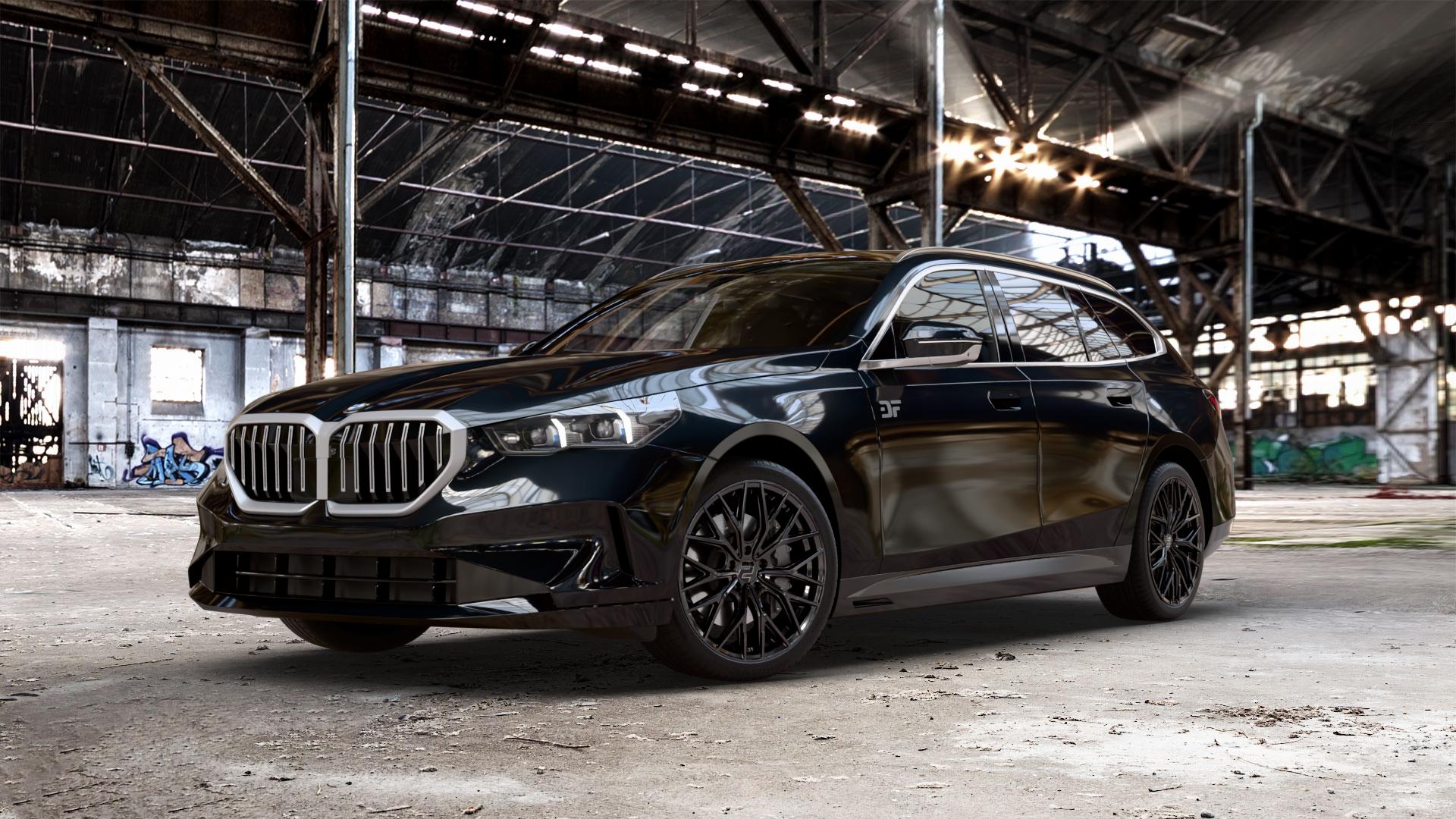2DRV WH37 Schwarz glanz lackiert Felge mit Reifen in 20Zoll Winterfelge Alufelge auf schwarzem metallic BMW 520d Typ G61 (Touring) xDrive 5er Touring (G6K) ⬇️ mit 15mm Tieferlegung ⬇️ Old Industrial Hall_max_5300mm_2024 Frontansicht_1