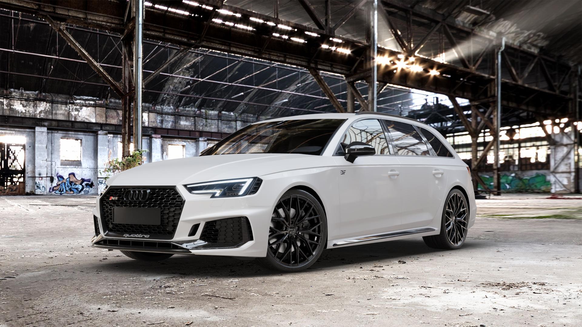 2DRV WH37 Schwarz glanz lackiert Felge mit Reifen in 20Zoll Winterfelge Alufelge auf weissem Audi A4 Typ B9 (Avant) 2,9l RS4 TFSI quattro 331kW (450 PS) ⬇️ mit 15mm Tieferlegung ⬇️ Old Industrial Hall_max_5300mm_2024 Frontansicht_1