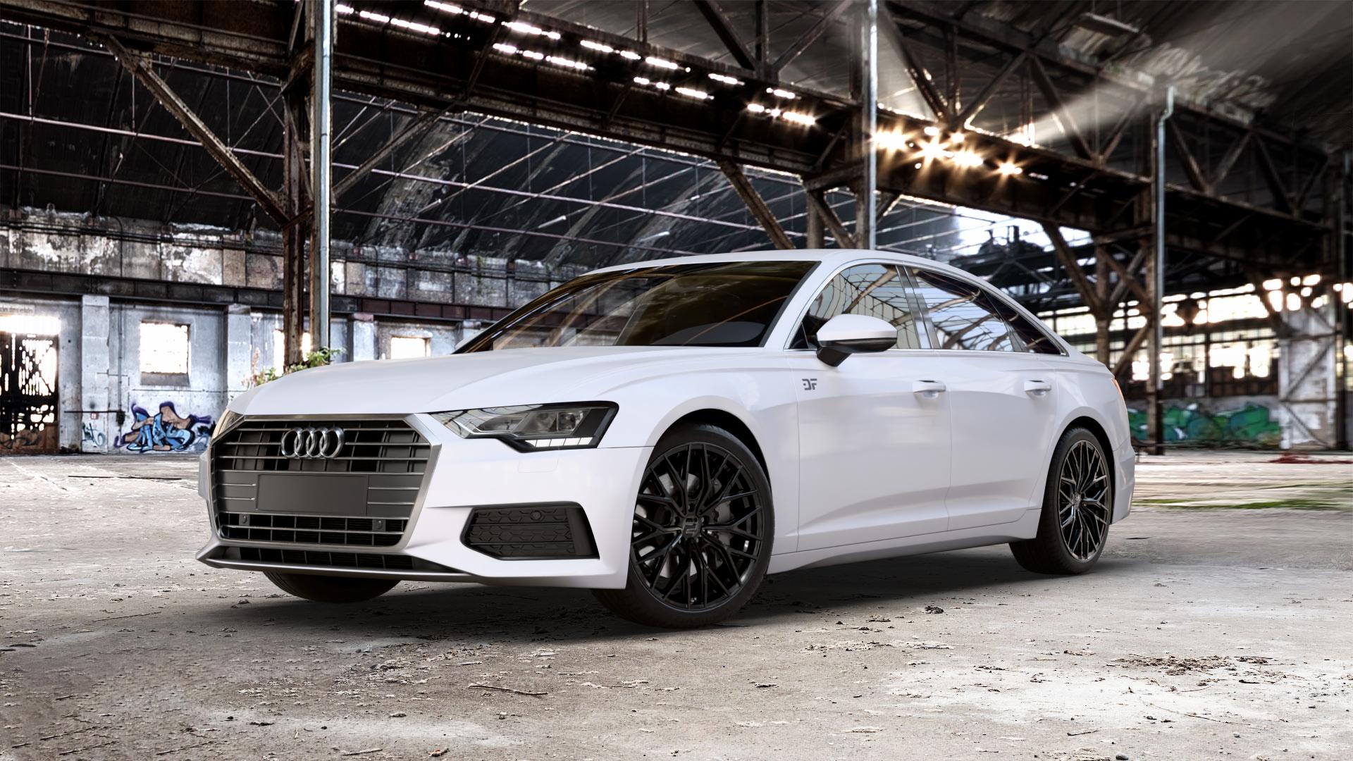 2DRV WH37 Schwarz glanz lackiert Felge mit Reifen in 20Zoll Winterfelge Alufelge auf weissem Audi A6 Typ F2/C8 (Limousine) ⬇️ mit 15mm Tieferlegung ⬇️ Old Industrial Hall_max_5300mm_2024 Frontansicht_1