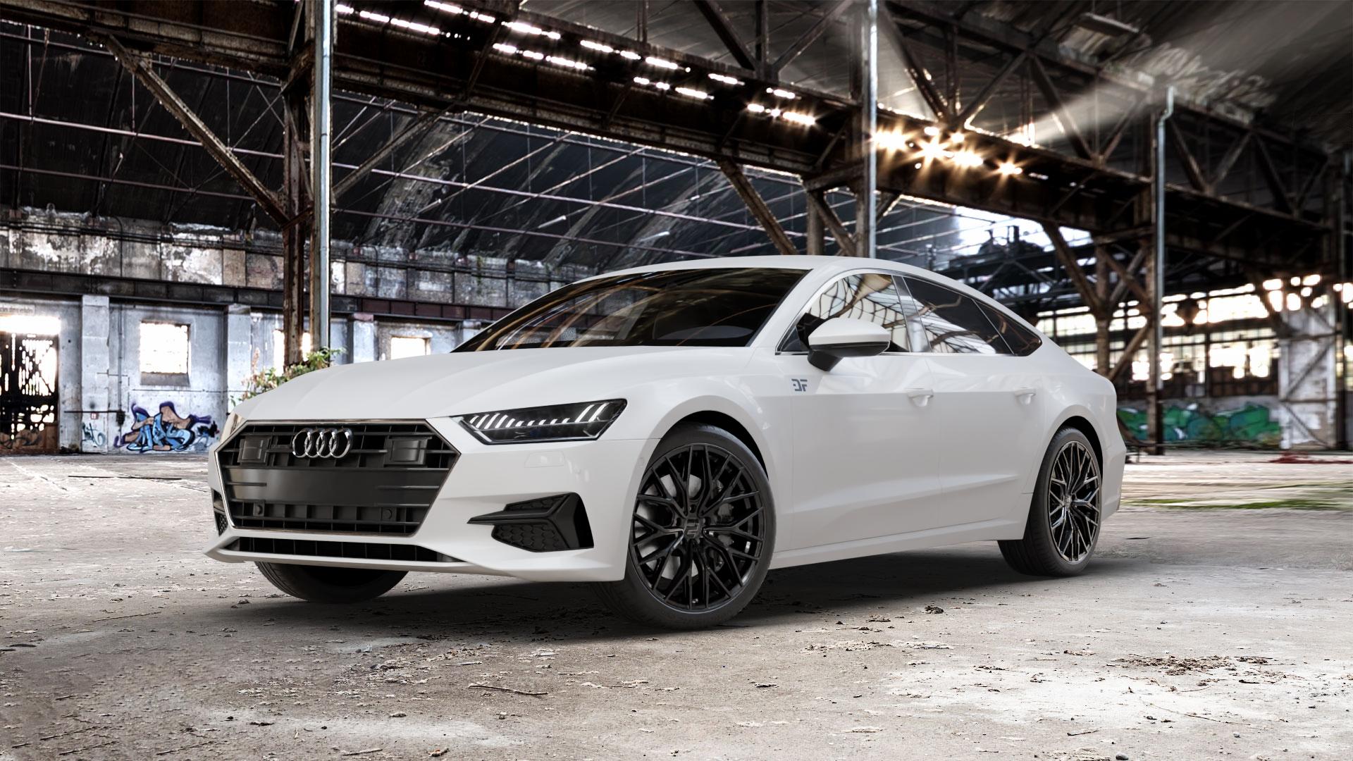 2DRV WH37 Schwarz glanz lackiert Felge mit Reifen in 20Zoll Winterfelge Alufelge auf weissem Audi A7 Typ F2/C8 (Sportback) ⬇️ mit 15mm Tieferlegung ⬇️ Old Industrial Hall_max_5300mm_2024 Frontansicht_1