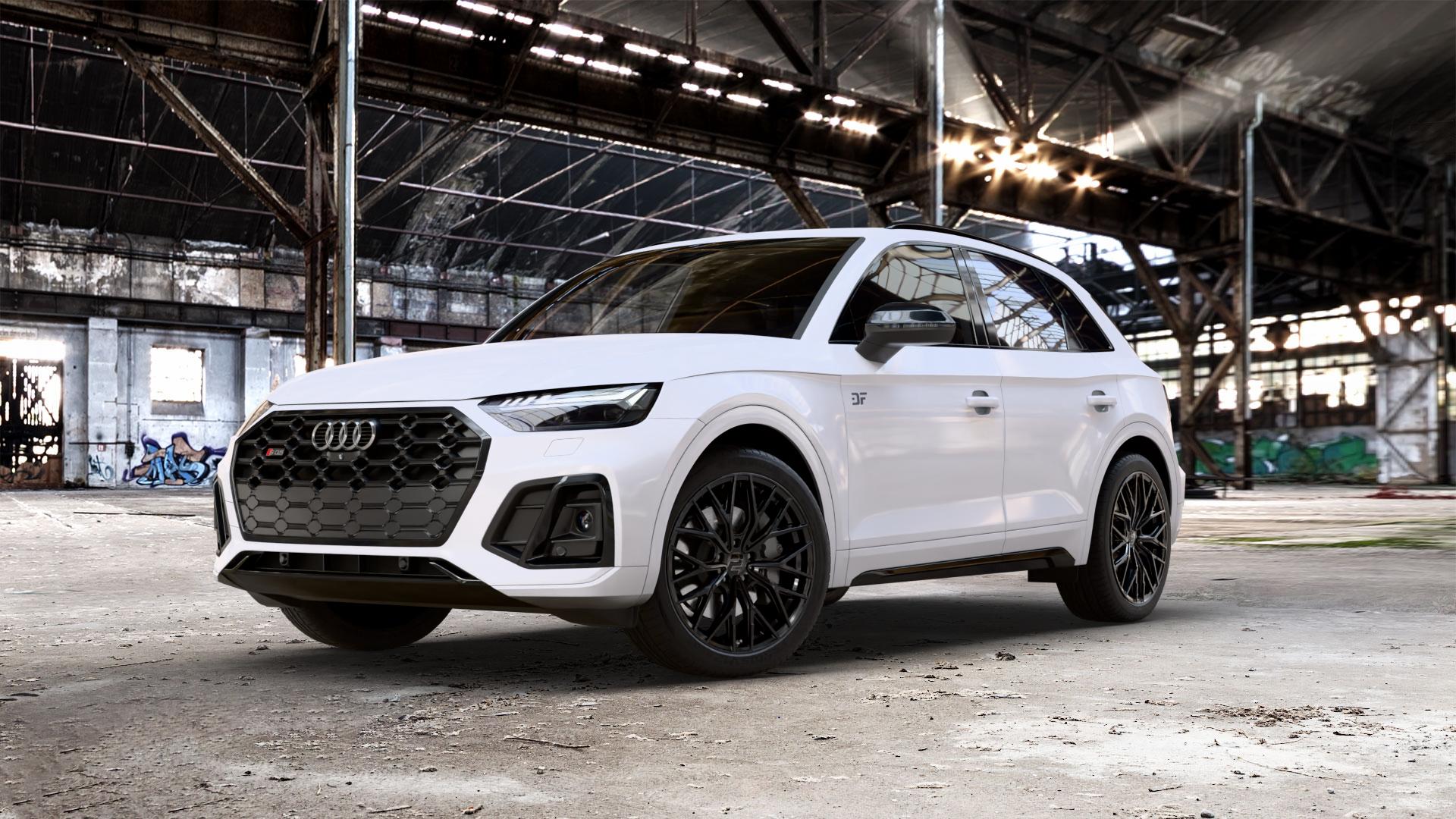 2DRV WH37 Schwarz glanz lackiert Felge mit Reifen in 20Zoll Winterfelge Alufelge auf weissem Audi Q5 II Typ FY Facelift 3,0l SQ5 TDI quattro 251kW Mild-Hybrid (341 PS) ⬇️ mit 15mm Tieferlegung ⬇️ Old Industrial Hall_max_5300mm_2024 Frontansicht_1