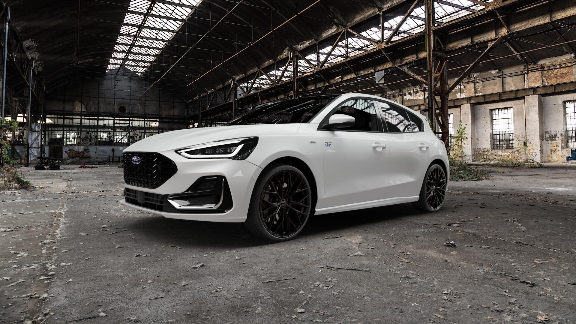 2DRV WH37 Schwarz glanz lackiert Felge mit Reifen in 20Zoll Winterfelge Alufelge auf weissem Ford Focus IV Typ DEH Facelift (Schrägheck) 1,0l EcoBoost 74kW (101 PS) 92kW (125 Mild-Hybrid 114kW (155 1,5l EcoBlue 88kW (120 91kW (124 Flexfuel ⬇️ mit 15mm Tieferlegung ⬇️ Old Industrial Hall_max5000mm_2022 Frontansicht_1