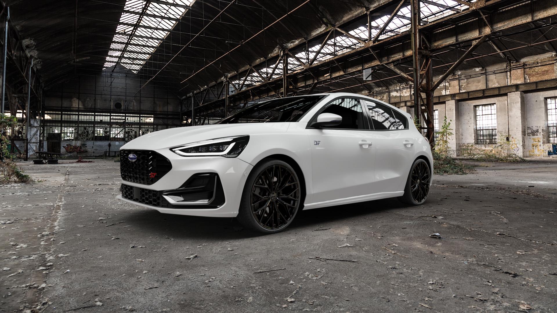 2DRV WH37 Schwarz glanz lackiert Felge mit Reifen in 20Zoll Winterfelge Alufelge auf weissem Ford Focus IV Typ DEH Facelift (Schrägheck) 2,3l EcoBoost 206kW ST (280 PS) ⬇️ mit 15mm Tieferlegung ⬇️ Old Industrial Hall_max5000mm_2022 Frontansicht_1