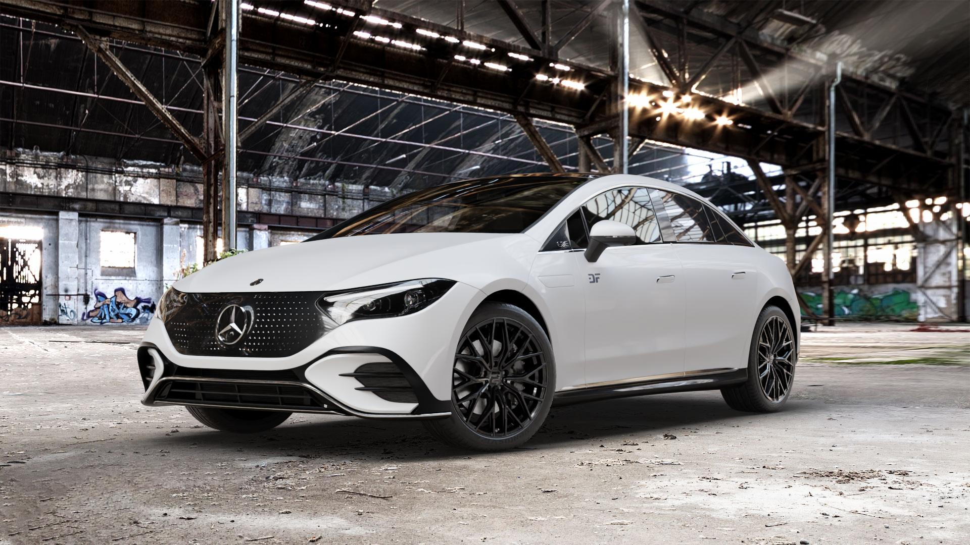 2DRV WH37 Schwarz glanz lackiert Felge mit Reifen in 20Zoll Winterfelge Alufelge auf weissem Mercedes EQE Typ E2EQEW ⬇️ mit 15mm Tieferlegung ⬇️ Old Industrial Hall_max_5300mm_2024 Frontansicht_1