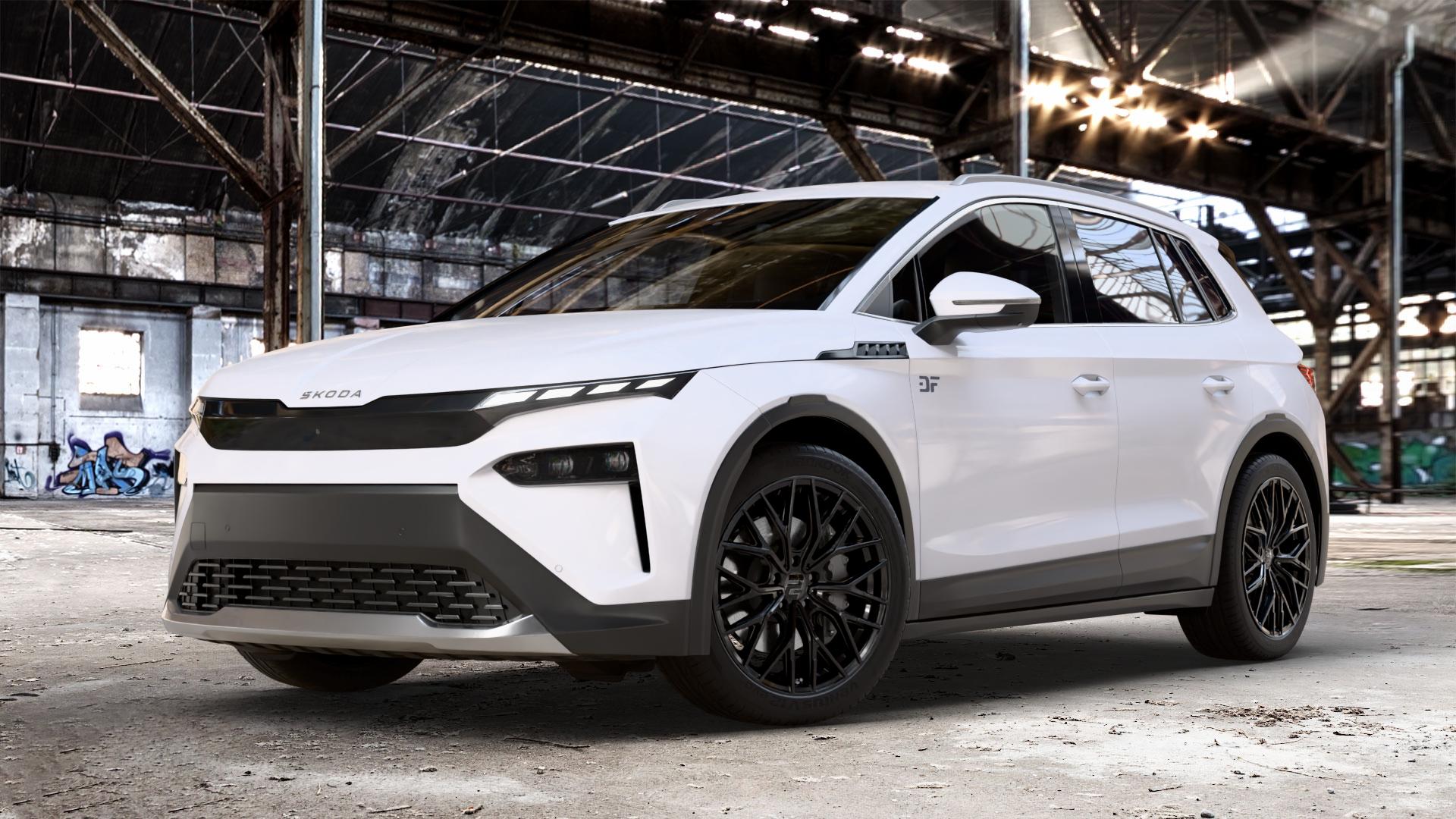 2DRV WH37 Schwarz glanz lackiert Felge mit Reifen in 20Zoll Winterfelge Alufelge auf weissem Skoda Elroq Typ NY 0,0l 89kW 85 (121 PS) 70kW 60 (95 50 ⬇️ mit 15mm Tieferlegung ⬇️ Old Industrial Hall_max_4400mm_2024 Frontansicht_1