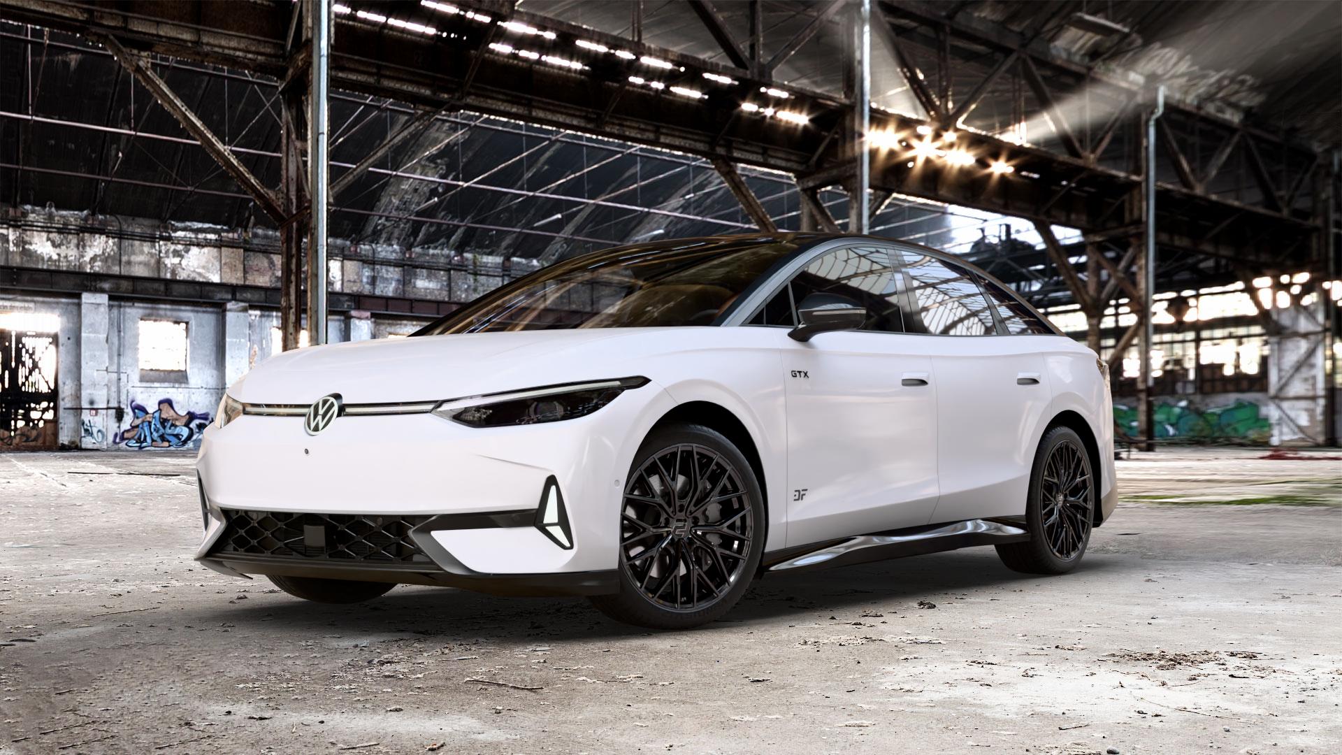 2DRV WH37 Schwarz glanz lackiert Felge mit Reifen in 20Zoll Winterfelge Alufelge auf weissem Volkswagen (VW) ID.7 0,0l 90kW GTX (122 PS) ⬇️ mit 15mm Tieferlegung ⬇️ Old Industrial Hall_max_5300mm_2024 Frontansicht_1