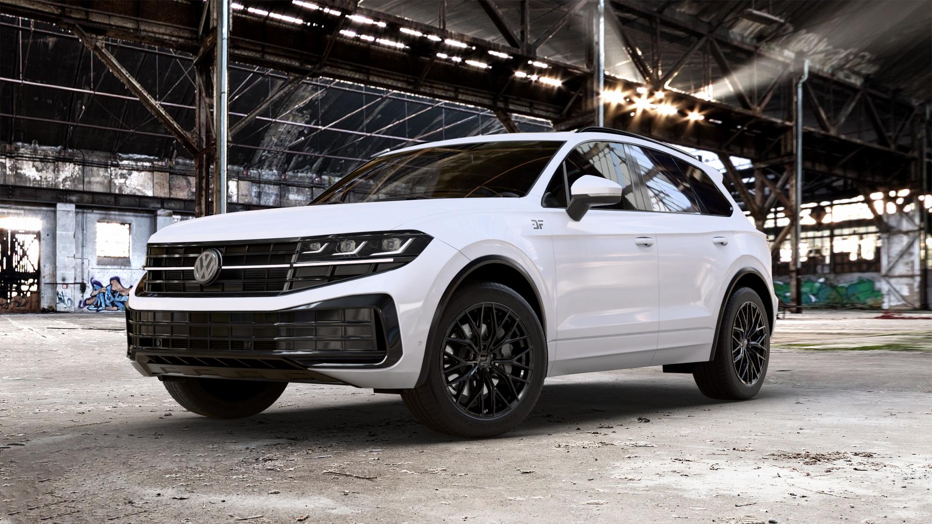 2DRV WH37 Schwarz glanz lackiert Felge mit Reifen in 20Zoll Winterfelge Alufelge auf weissem Volkswagen (VW) Touareg III Typ CR Facelift ⬇️ mit 15mm Tieferlegung ⬇️ Old Industrial Hall_max_5300mm_2024 Frontansicht_1