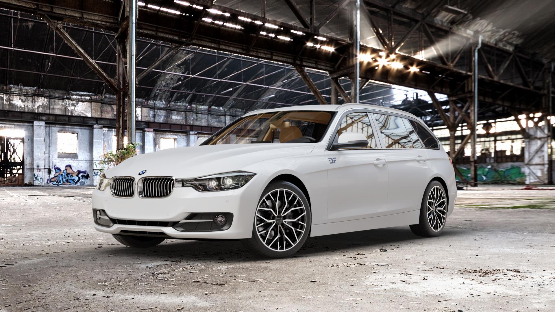 2DRV WH37 Schwarz Hochglanzpoliert Felge mit Reifen in 18Zoll Winterfelge Alufelge auf weissem BMW 320i Typ F31 (Touring) 328i 316d 318d 320d 316i EffDyn Edition 325d 335i xDrive 335d ⬇️ mit 15mm Tieferlegung ⬇️ Old Industrial Hall_max_5300mm_2024 Frontansicht_1