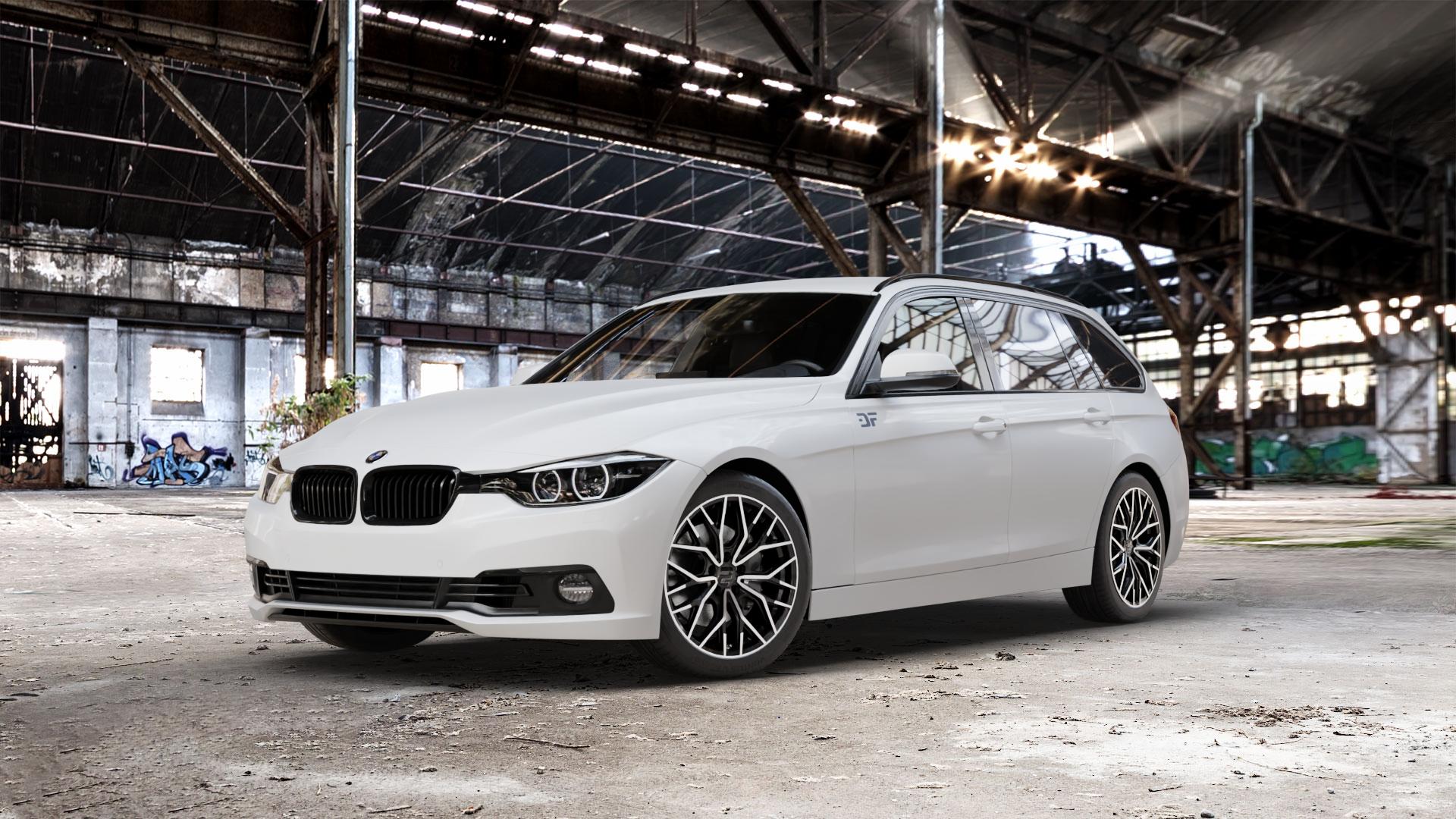 2DRV WH37 Schwarz Hochglanzpoliert Felge mit Reifen in 18Zoll Winterfelge Alufelge auf weissem BMW 330d Typ F31 (Touring) xDrive 318i 330i 340i 3er Touring (3K, 3K-N1) ⬇️ mit 15mm Tieferlegung ⬇️ Old Industrial Hall_max_5300mm_2024 Frontansicht_1