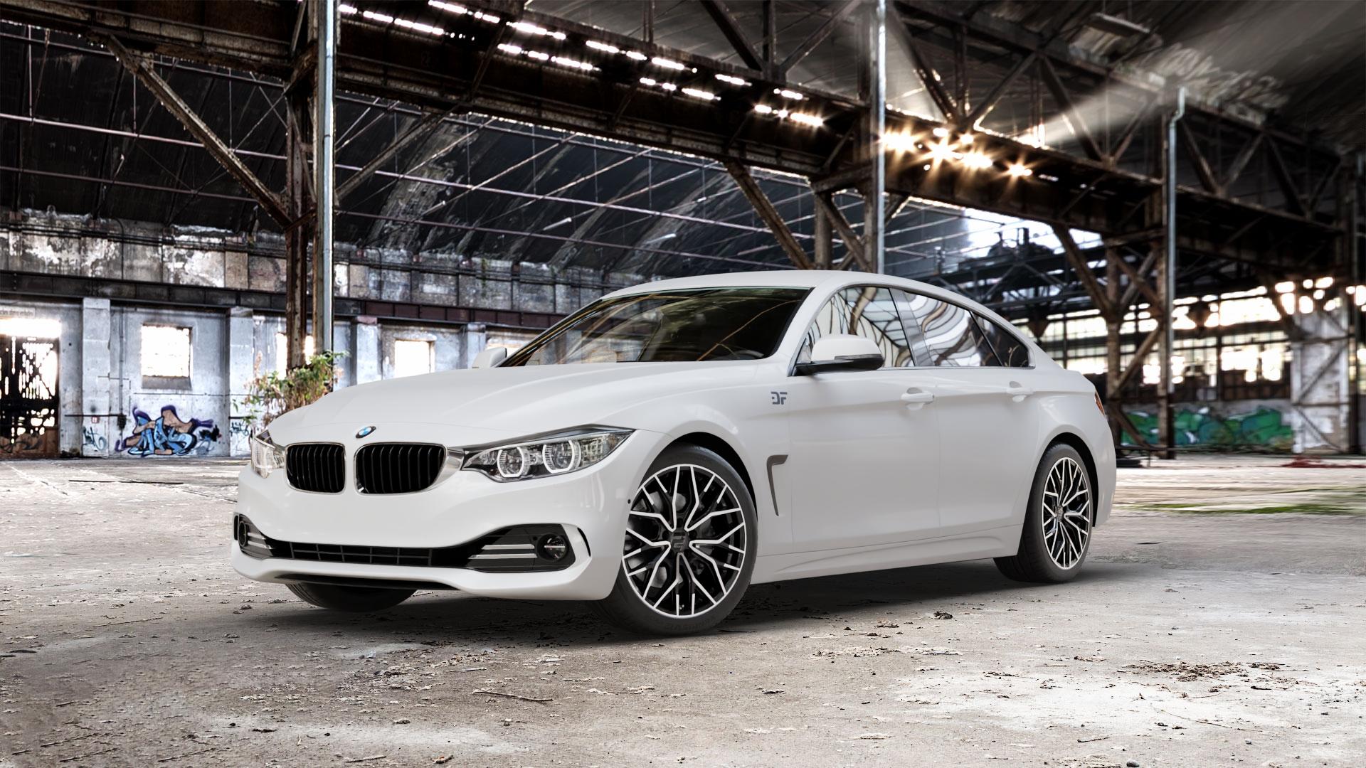 2DRV WH37 Schwarz Hochglanzpoliert Felge mit Reifen in 18Zoll Winterfelge Alufelge auf weissem BMW 418d Typ F36 (Gran Coupe) 420d xDrive 420i 428i 435i 430d 440i 418i 430i 425d 4er Gran Coupe (3C) ⬇️ mit 15mm Tieferlegung ⬇️ Old Industrial Hall_max_5300mm_2024 Frontansicht_1