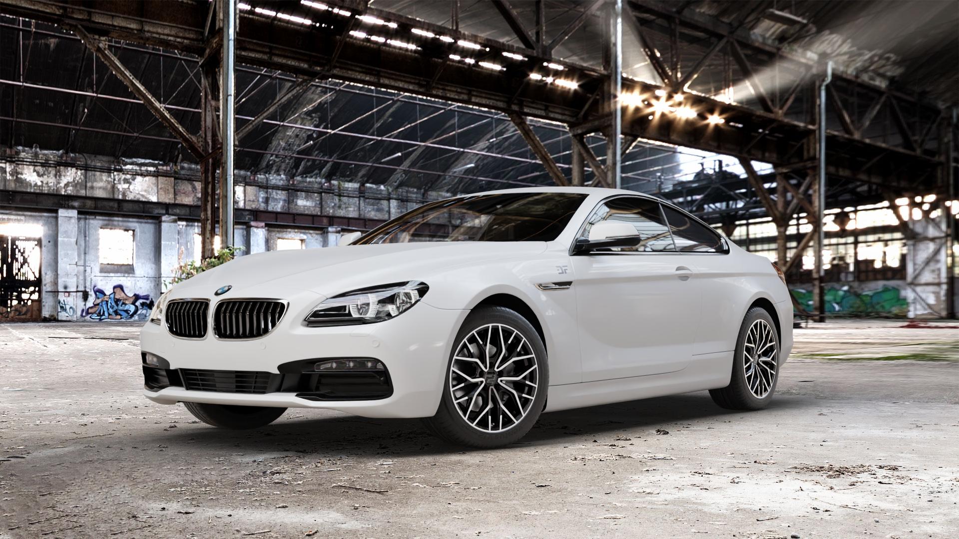 2DRV WH37 Schwarz Hochglanzpoliert Felge mit Reifen in 18Zoll Winterfelge Alufelge auf weissem BMW 640i Typ F13 (Coupe) 650i 640d xDrive ⬇️ mit 15mm Tieferlegung ⬇️ Old Industrial Hall_max_5300mm_2024 Frontansicht_1