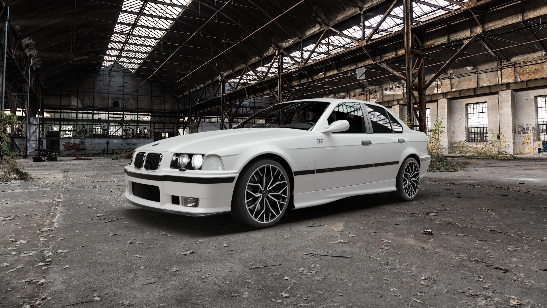 2DRV WH37 Schwarz Hochglanzpoliert Felge mit Reifen in 18Zoll Winterfelge Alufelge auf weissem BMW M3 Typ E36 (Limousine) ⬇️ mit 15mm Tieferlegung ⬇️ Old Industrial Hall_max5000mm_2022 Frontansicht_1
