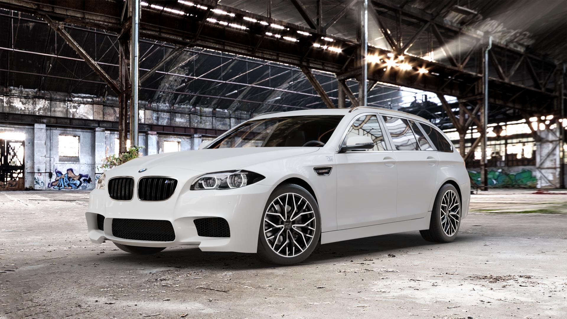 2DRV WH37 Schwarz Hochglanzpoliert Felge mit Reifen in 18Zoll Winterfelge Alufelge auf weissem BMW M550d xDrive Typ F11 (Touring) 3,0l 280kW (381 PS) ⬇️ mit 15mm Tieferlegung ⬇️ Old Industrial Hall_max_5300mm_2024 Frontansicht_1