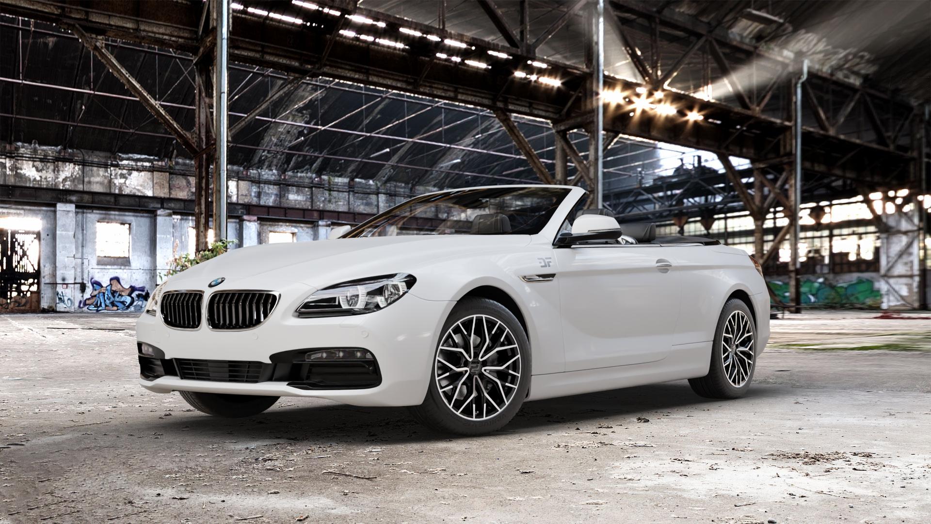 2DRV WH37 Schwarz Hochglanzpoliert Felge mit Reifen in 18Zoll Winterfelge Alufelge auf weissem BMW M6 Typ E64 (Cabrio) 640i F12 640d 650i xDrive 6er Cabrio (663C) (6C) ⬇️ mit 15mm Tieferlegung ⬇️ Old Industrial Hall_max_5300mm_2024 Frontansicht_1