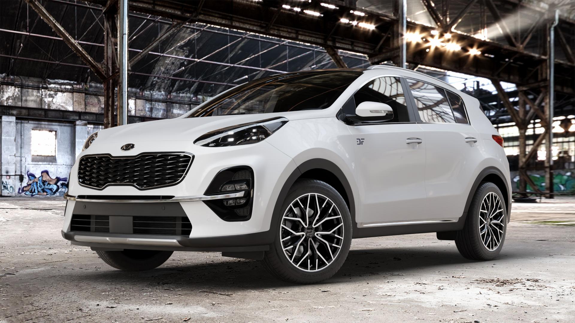 2DRV WH37 Schwarz Hochglanzpoliert Felge mit Reifen in 18Zoll Winterfelge Alufelge auf weissem Kia Sportage IV Typ QLE Facelift QL ⬇️ mit 15mm Tieferlegung ⬇️ Old Industrial Hall_max_4400mm_2024 Frontansicht_1