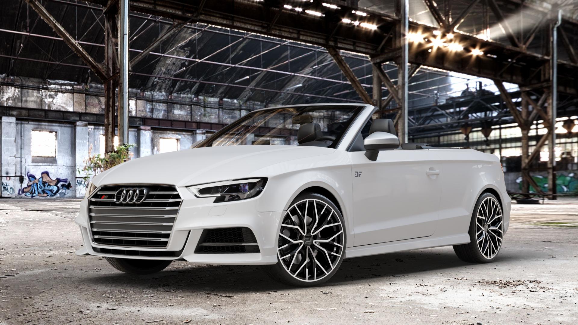 2DRV WH37 Schwarz Hochglanzpoliert Felge mit Reifen in 19Zoll Winterfelge Alufelge auf weissem Audi A3 Typ 8V (Cabriolet) Facelift 2,0l TFSI quattro 213kW S3 (290 PS) 228kW (310 ⬇️ mit 15mm Tieferlegung ⬇️ Old Industrial Hall_max_4400mm_2024 Frontansicht_1