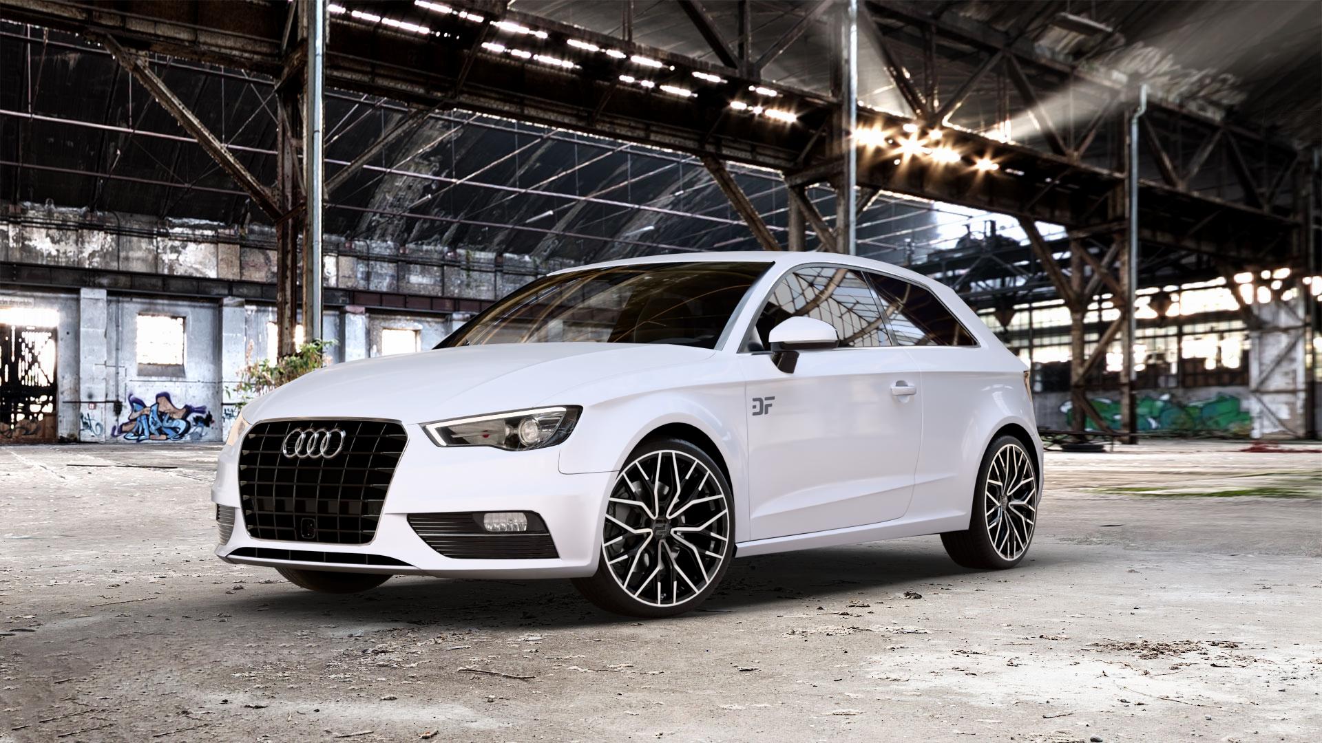 2DRV WH37 Schwarz Hochglanzpoliert Felge mit Reifen in 19Zoll Winterfelge Alufelge auf weissem Audi A3 Typ 8V ⬇️ mit 15mm Tieferlegung ⬇️ Old Industrial Hall_max_5300mm_2024 Frontansicht_1