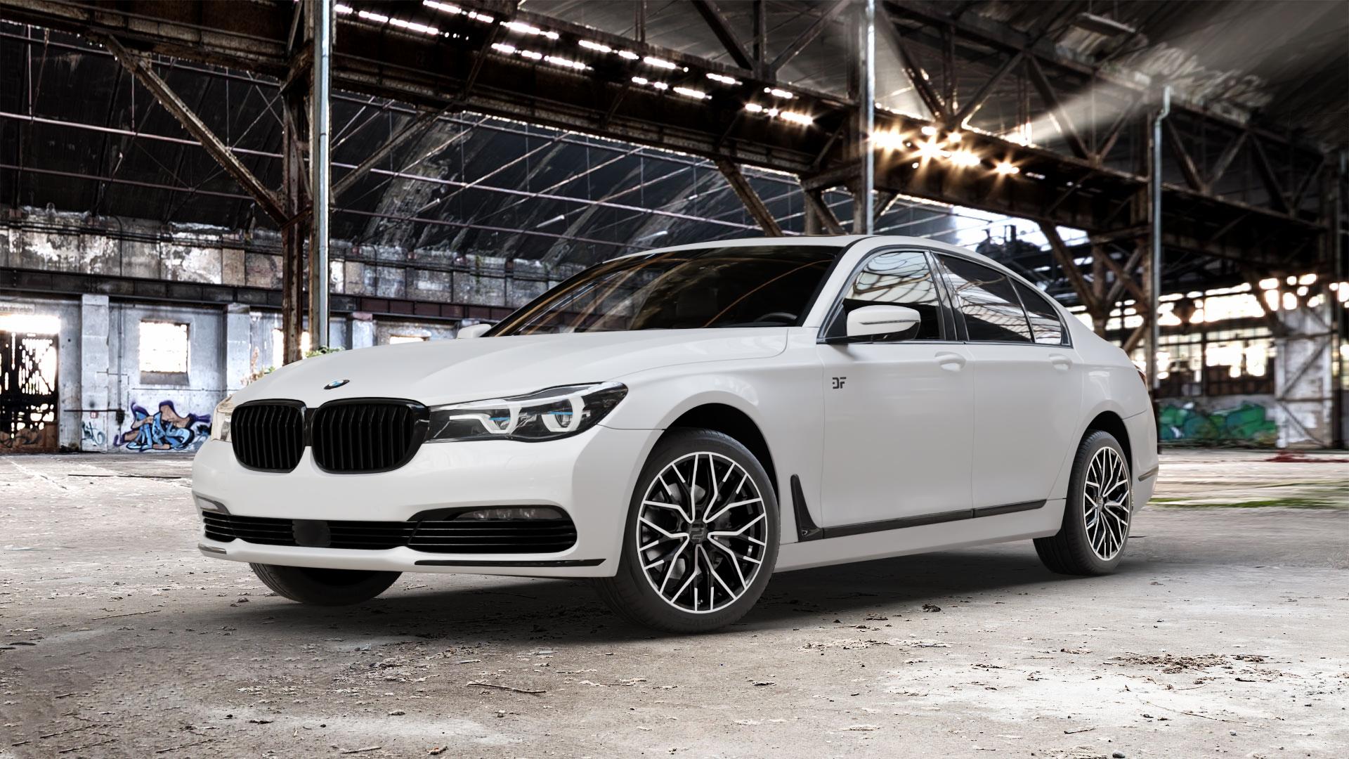 2DRV WH37 Schwarz Hochglanzpoliert Felge mit Reifen in 19Zoll Winterfelge Alufelge auf weissem BMW 740i Typ G11 750i xDrive 730d 740d 740e 730i 750d 7er Limousine (7L) ⬇️ mit 15mm Tieferlegung ⬇️ Old Industrial Hall_max_5300mm_2024 Frontansicht_1
