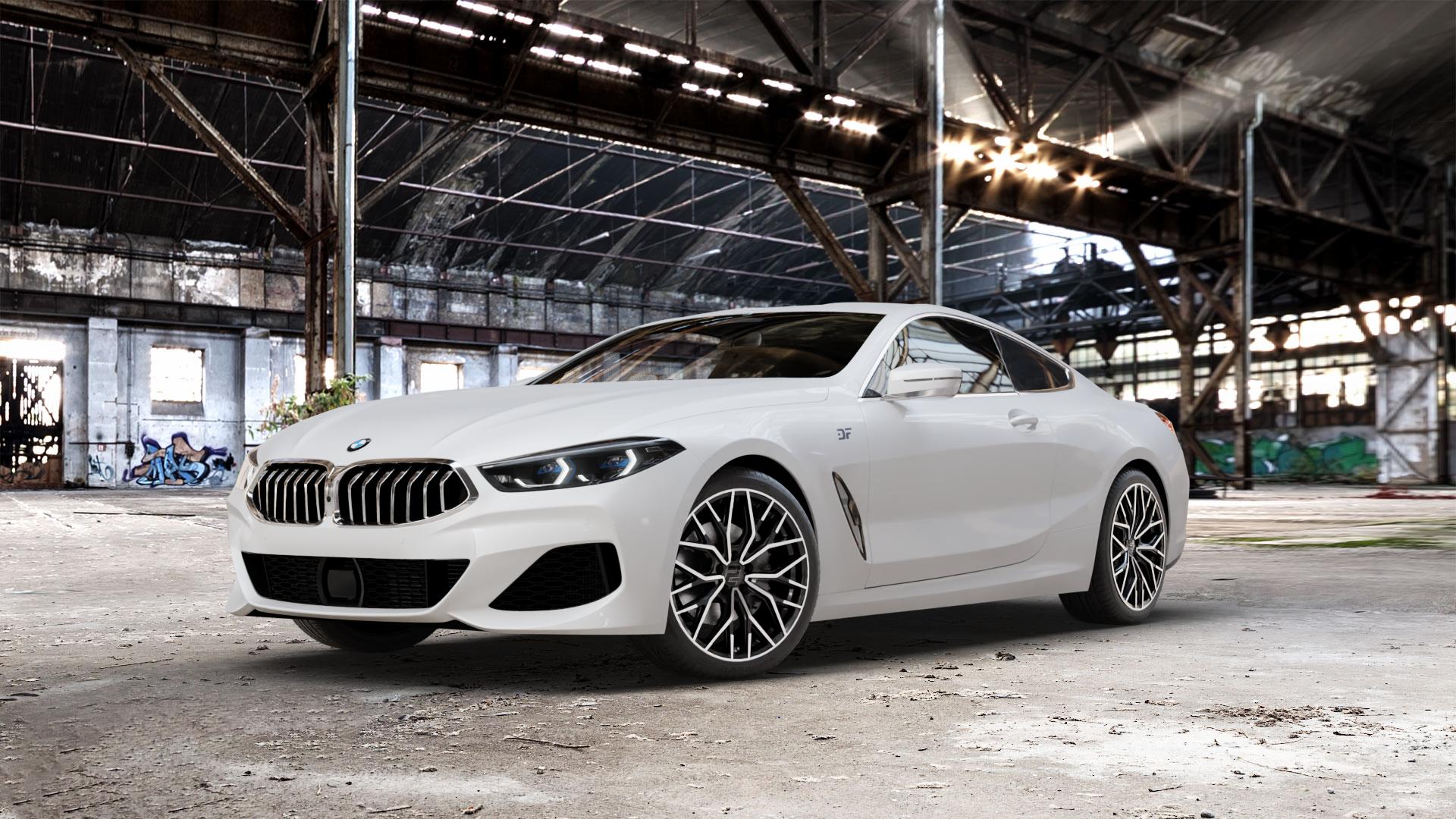 2DRV WH37 Schwarz Hochglanzpoliert Felge mit Reifen in 19Zoll Winterfelge Alufelge auf weissem BMW 840d xDrive Typ G15 M850i 840i M8 F8CM (Coupe) 8er Coupé (G8C) ⬇️ mit 15mm Tieferlegung ⬇️ Old Industrial Hall_max_5300mm_2024 Frontansicht_1