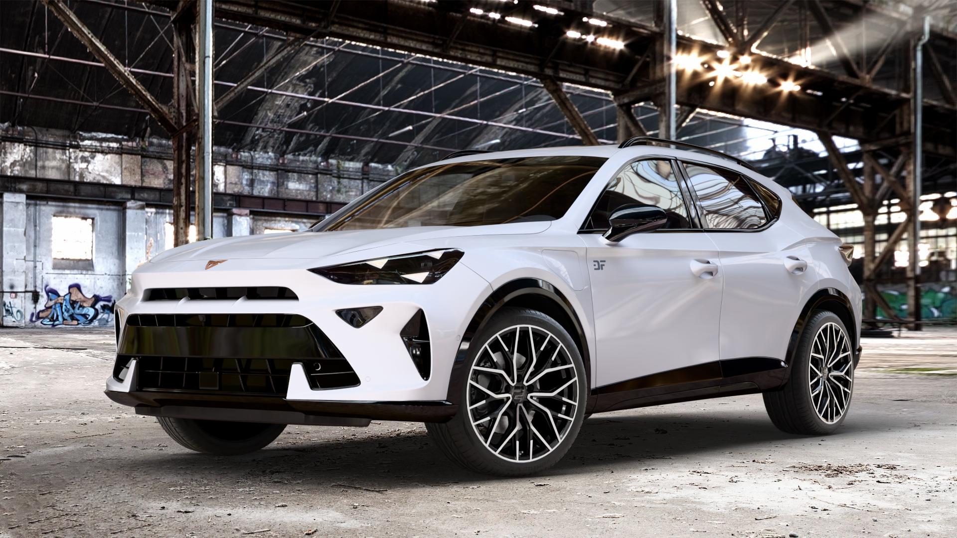 2DRV WH37 Schwarz Hochglanzpoliert Felge mit Reifen in 19Zoll Winterfelge Alufelge auf weissem Cupra Formentor Typ KM Facelift ⬇️ mit 15mm Tieferlegung ⬇️ Old Industrial Hall_max_4400mm_2024 Frontansicht_1