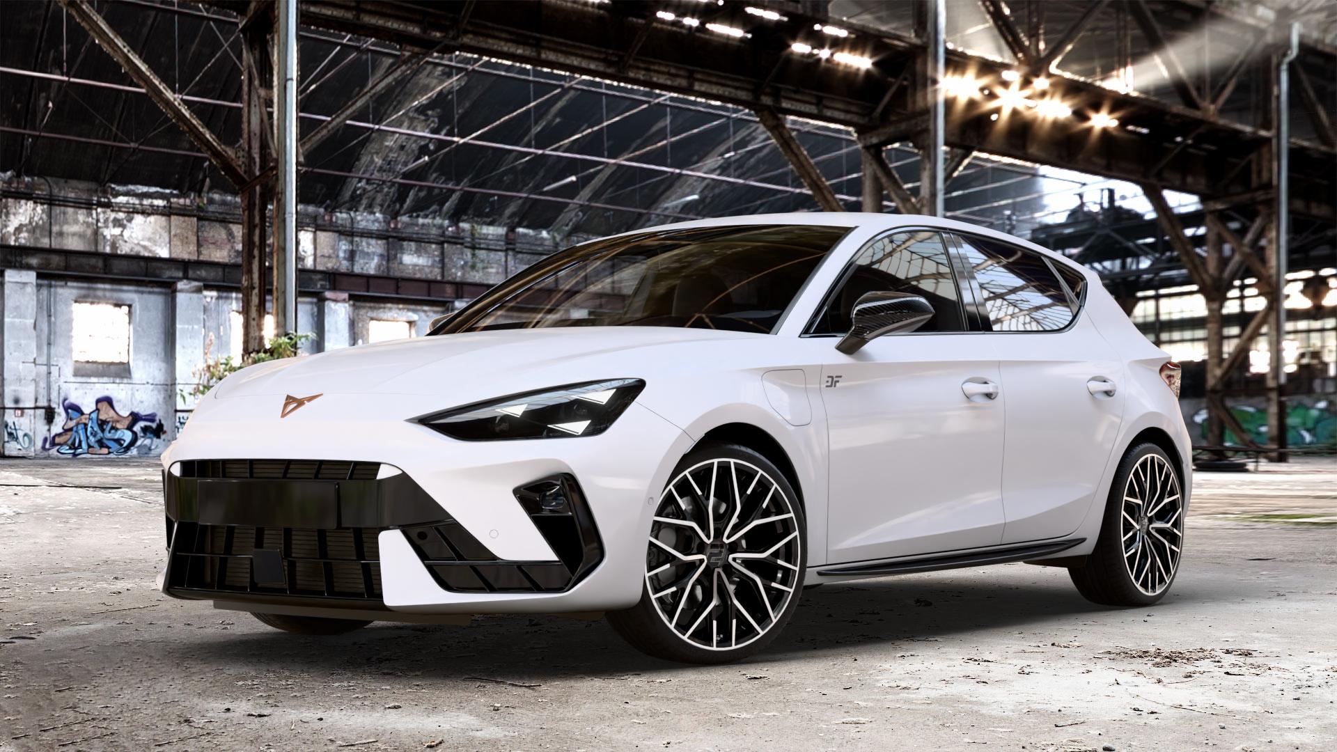2DRV WH37 Schwarz Hochglanzpoliert Felge mit Reifen in 19Zoll Winterfelge Alufelge auf weissem Cupra Leon Typ KL Facelift ⬇️ mit 15mm Tieferlegung ⬇️ Old Industrial Hall_max_4400mm_2024 Frontansicht_1