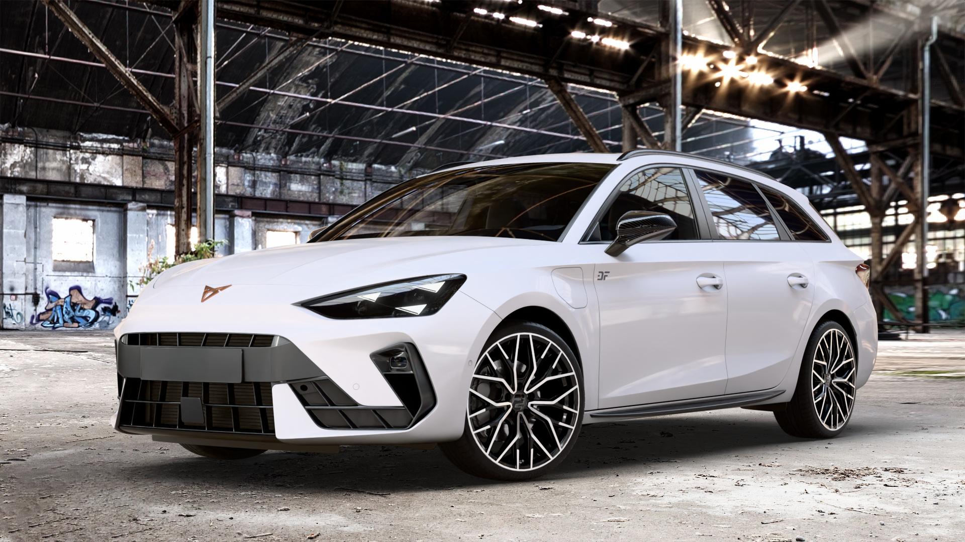 2DRV WH37 Schwarz Hochglanzpoliert Felge mit Reifen in 19Zoll Winterfelge Alufelge auf weissem Cupra Leon Typ KL ST Facelift ⬇️ mit 15mm Tieferlegung ⬇️ Old Industrial Hall_max_4400mm_2024 Frontansicht_1