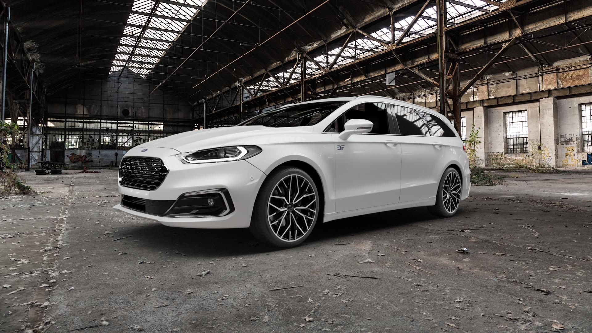 2DRV WH37 Schwarz Hochglanzpoliert Felge mit Reifen in 19Zoll Winterfelge Alufelge auf weissem Ford Mondeo V Turnier Typ BA7 Facelift ⬇️ mit 15mm Tieferlegung ⬇️ Old Industrial Hall_max5000mm_2022 Frontansicht_1