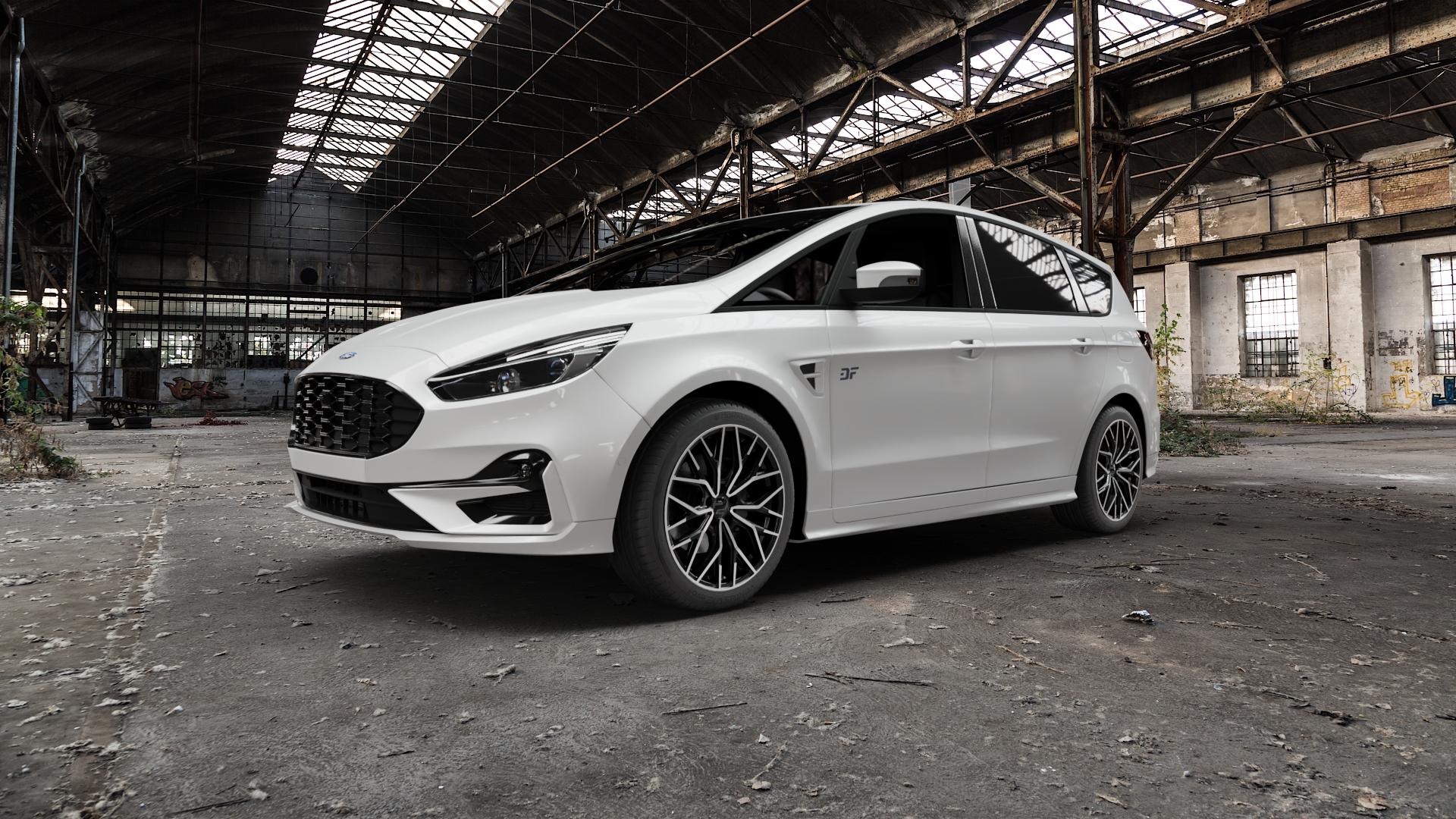 2DRV WH37 Schwarz Hochglanzpoliert Felge mit Reifen in 19Zoll Winterfelge Alufelge auf weissem Ford S-Max Typ WAH6 ⬇️ mit 15mm Tieferlegung ⬇️ Old Industrial Hall_max5000mm_2022 Frontansicht_1