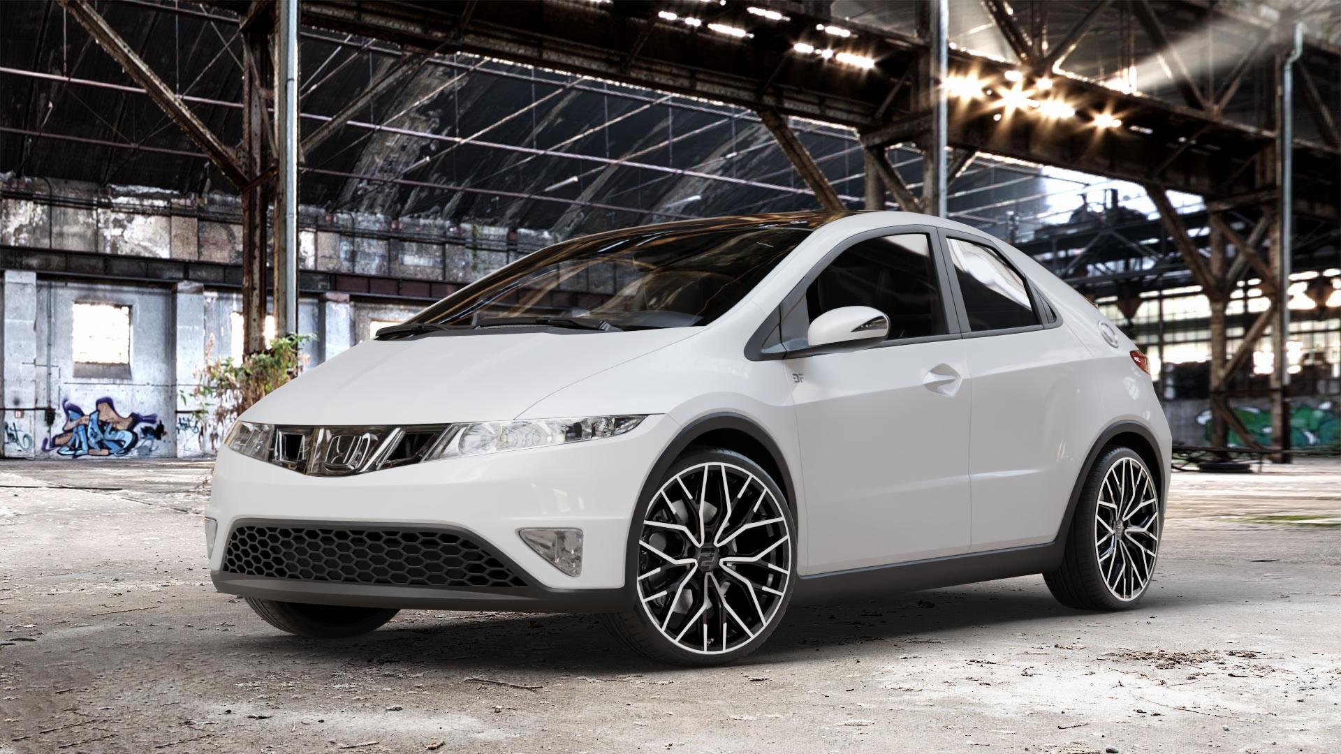 2DRV WH37 Schwarz Hochglanzpoliert Felge mit Reifen in 19Zoll Winterfelge Alufelge auf weissem Honda Civic 8 Fünftürer (FK) 1,4l V-Tec (FK1) 73kW (99 PS) ⬇️ mit 15mm Tieferlegung ⬇️ Old Industrial Hall_max_4400mm_2024 Frontansicht_1