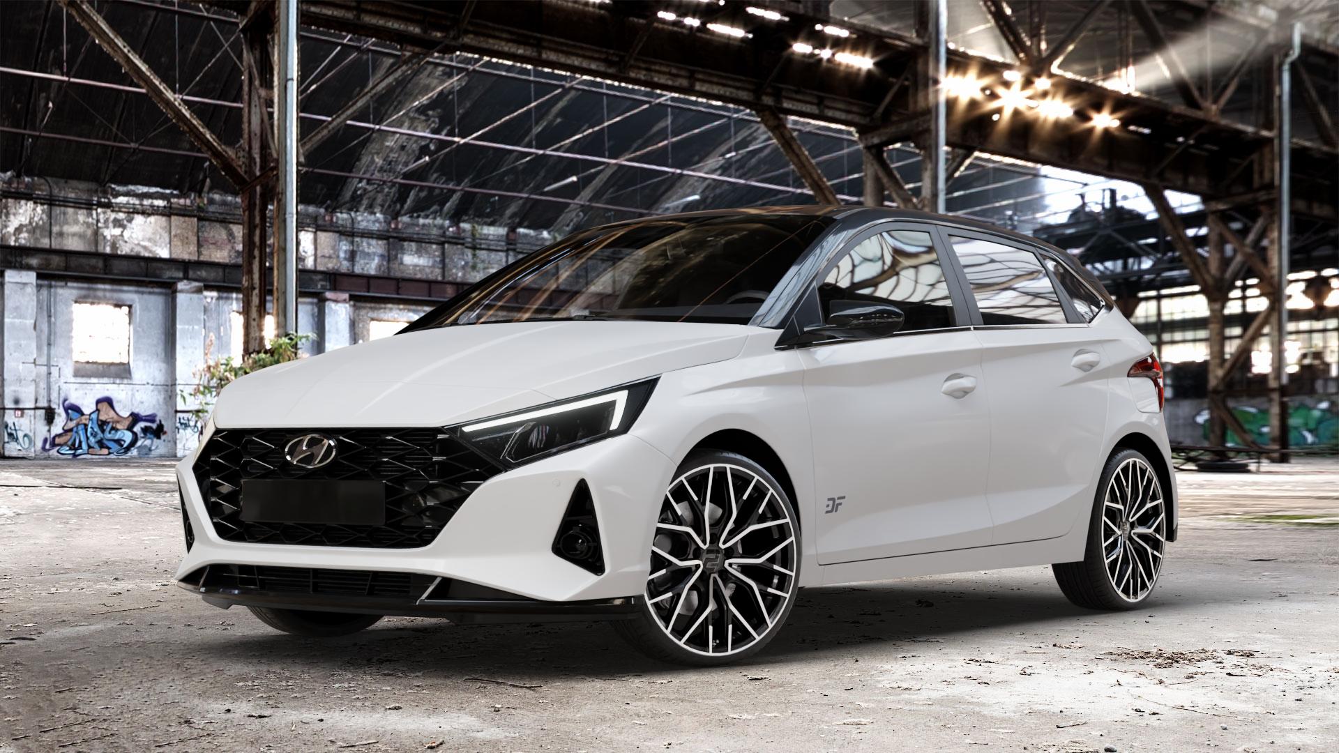 2DRV WH37 Schwarz Hochglanzpoliert Felge mit Reifen in 19Zoll Winterfelge Alufelge auf weissem Hyundai i20 Typ BC3 ⬇️ mit 15mm Tieferlegung ⬇️ Old Industrial Hall_max_4400mm_2024 Frontansicht_1