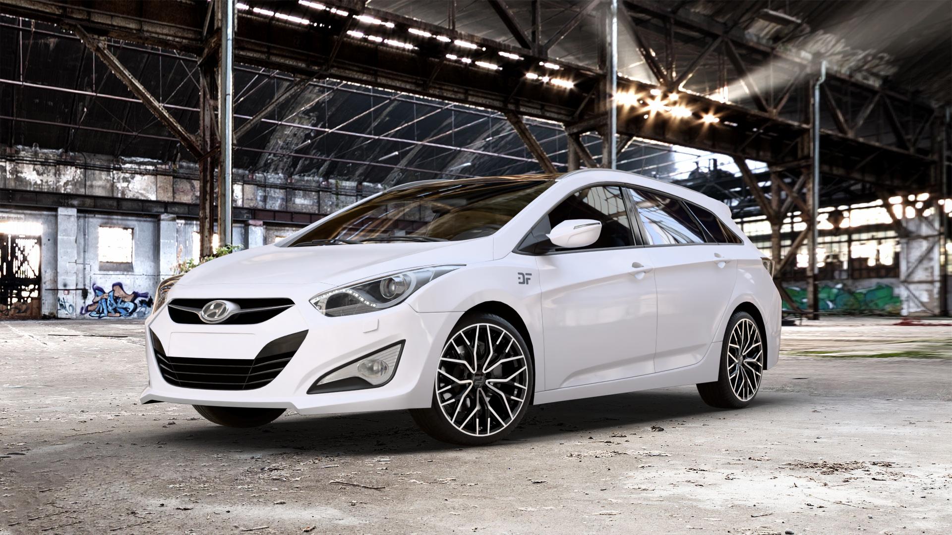 2DRV WH37 Schwarz Hochglanzpoliert Felge mit Reifen in 19Zoll Winterfelge Alufelge auf weissem Hyundai i40 Typ VF Limousine Kombi Facelift ⬇️ mit 15mm Tieferlegung ⬇️ Old Industrial Hall_max_5300mm_2024 Frontansicht_1