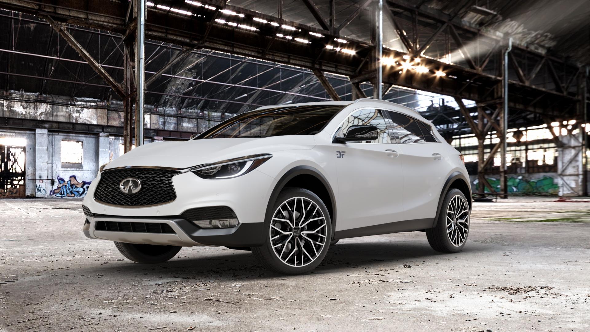 2DRV WH37 Schwarz Hochglanzpoliert Felge mit Reifen in 19Zoll Winterfelge Alufelge auf weissem Infiniti QX30 ⬇️ mit 15mm Tieferlegung ⬇️ Old Industrial Hall_max_5300mm_2024 Frontansicht_1