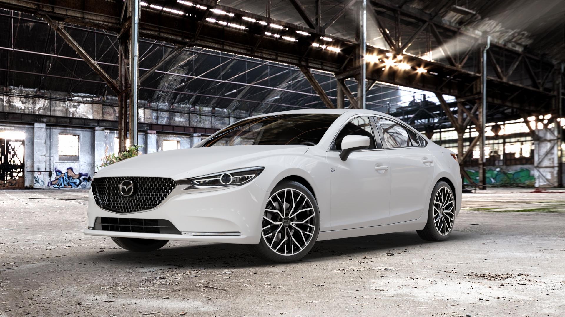 2DRV WH37 Schwarz Hochglanzpoliert Felge mit Reifen in 19Zoll Winterfelge Alufelge auf weissem Mazda 6 III (18-) Limousine (GH) Facelift ⬇️ mit 15mm Tieferlegung ⬇️ Old Industrial Hall_max_5300mm_2024 Frontansicht_1
