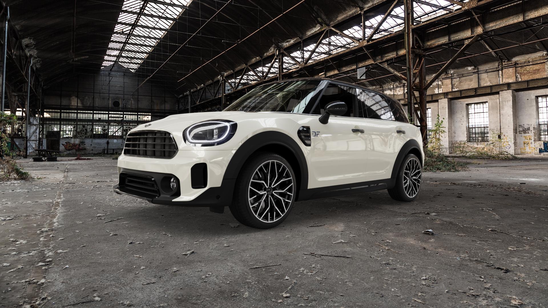 2DRV WH37 Schwarz Hochglanzpoliert Felge mit Reifen in 19Zoll Winterfelge Alufelge auf weissem Mini F60 Typ FMX (Countryman) Facelift ⬇️ mit 15mm Tieferlegung ⬇️ Old Industrial Hall_max5000mm_2022 Frontansicht_1