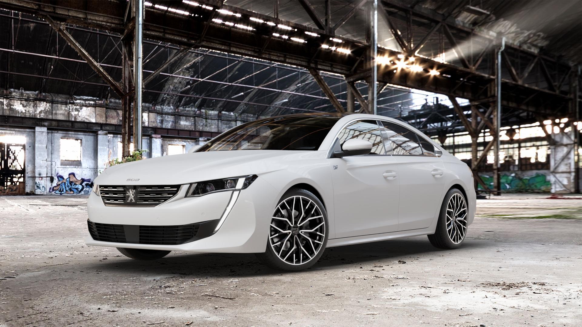 2DRV WH37 Schwarz Hochglanzpoliert Felge mit Reifen in 19Zoll Winterfelge Alufelge auf weissem Peugeot 508 Typ F Limousine ⬇️ mit 15mm Tieferlegung ⬇️ Old Industrial Hall_max_5300mm_2024 Frontansicht_1