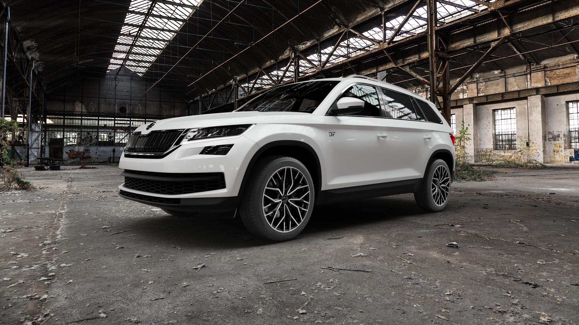 2DRV WH37 Schwarz Hochglanzpoliert Felge mit Reifen in 19Zoll Winterfelge Alufelge auf weissem Skoda Kodiaq Typ NS ⬇️ mit 15mm Tieferlegung ⬇️ Old Industrial Hall_max5000mm_2022 Frontansicht_1