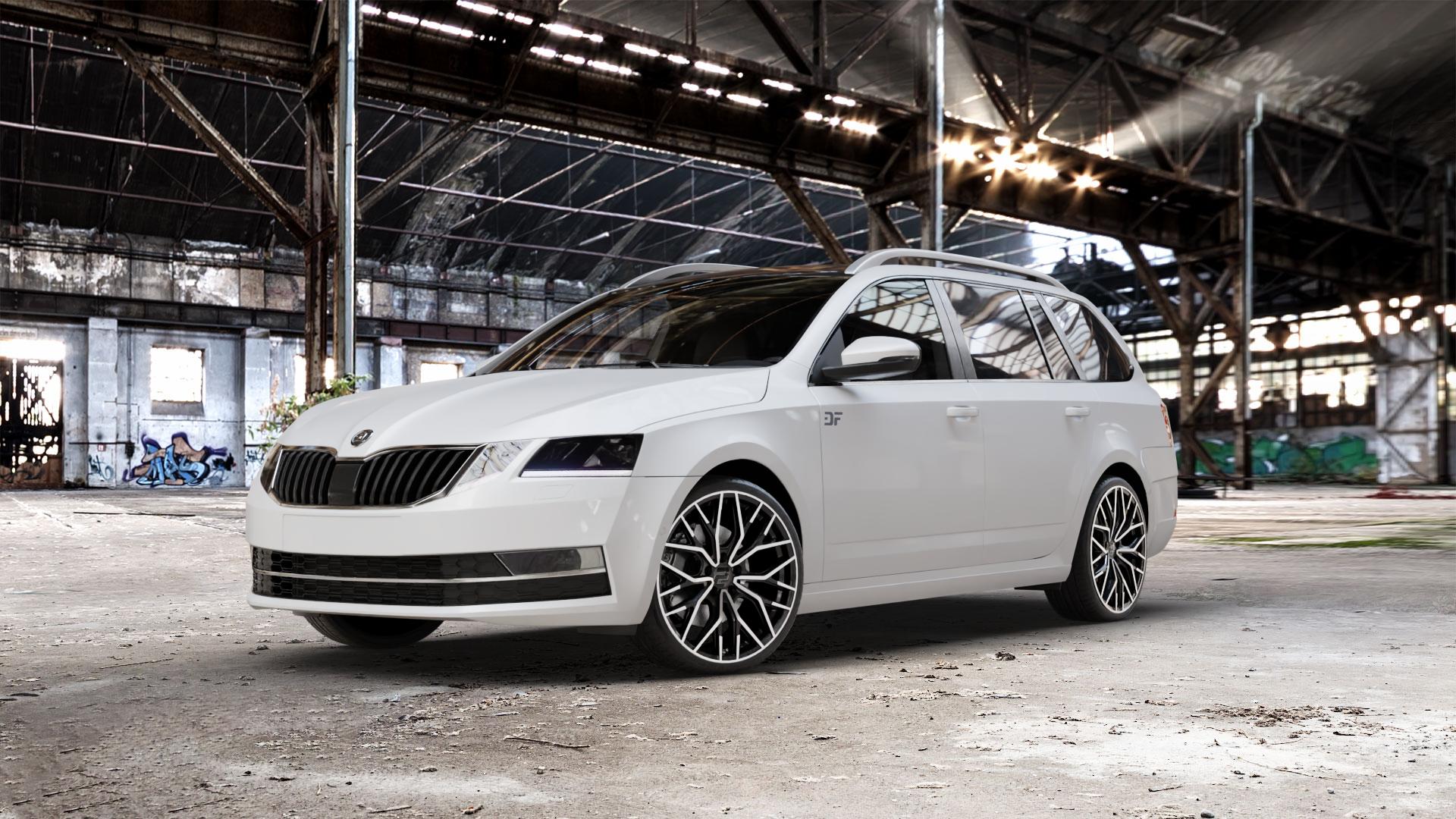2DRV WH37 Schwarz Hochglanzpoliert Felge mit Reifen in 19Zoll Winterfelge Alufelge auf weissem Skoda Octavia III Kombi Typ 5E Facelift ⬇️ mit 15mm Tieferlegung ⬇️ Old Industrial Hall_max_5300mm_2024 Frontansicht_1