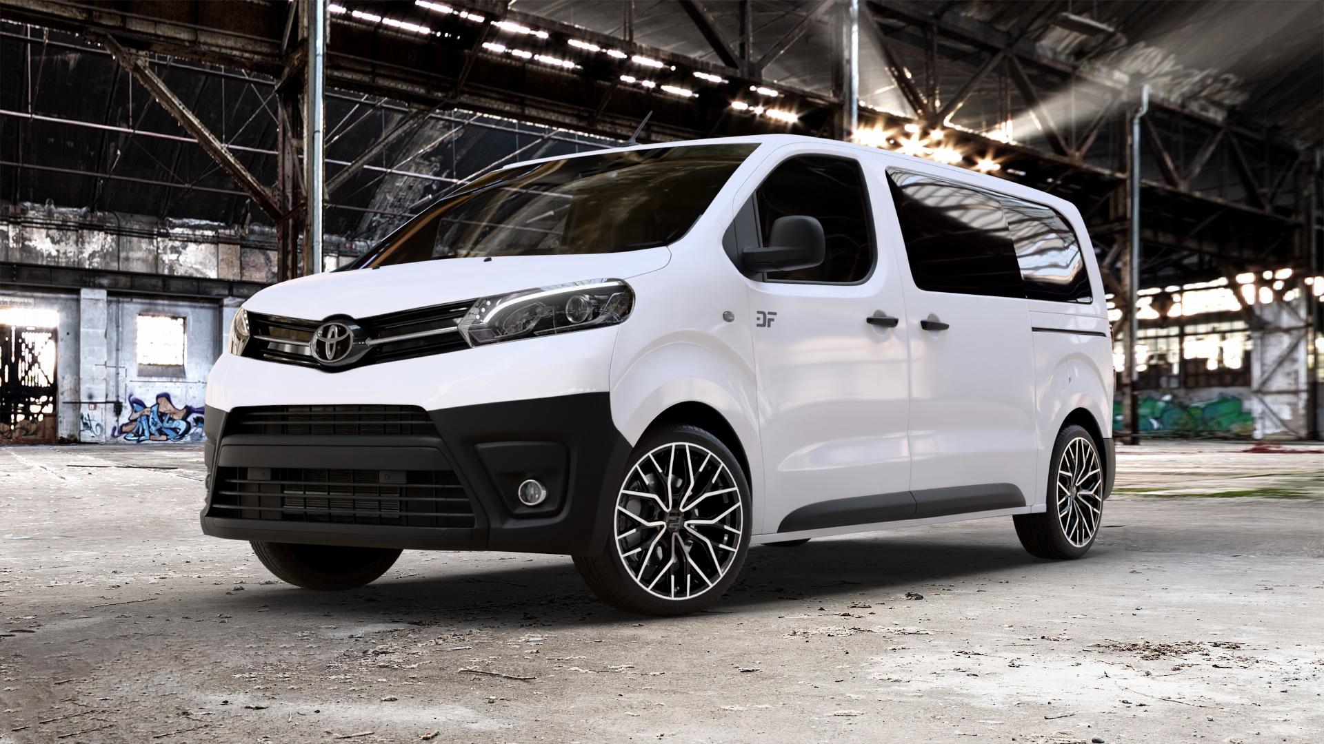 2DRV WH37 Schwarz Hochglanzpoliert Felge mit Reifen in 19Zoll Winterfelge Alufelge auf weissem Toyota Proace II Verso Typ V ⬇️ mit 15mm Tieferlegung ⬇️ Old Industrial Hall_max_5300mm_2024 Frontansicht_1
