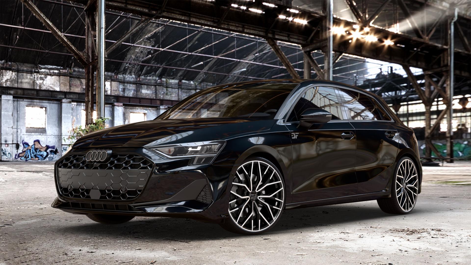 2DRV WH37 Schwarz Hochglanzpoliert Felge mit Reifen in 20Zoll Winterfelge Alufelge auf metallic schwarzem Audi A3 Typ GY (Sportback) Facelift 2,0l 30 TDI 85kW (116 PS) 1,5l TFSI Mild-Hybrid 35 110kW (150 PHEV 200 130kW Hybrid (177 150 ⬇️ mit 15mm Tieferlegung ⬇️ Old Industrial Hall_max_4400mm_2024 Frontansicht_1