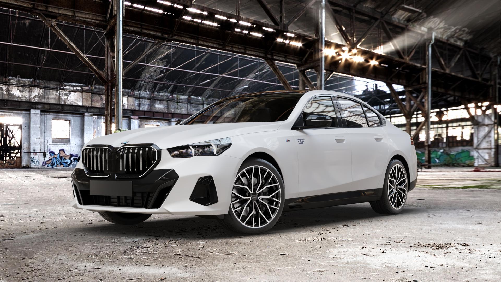 2DRV WH37 Schwarz Hochglanzpoliert Felge mit Reifen in 20Zoll Winterfelge Alufelge auf weissem BMW 550e xDrive Typ G60 (Limousine) ⬇️ mit 15mm Tieferlegung ⬇️ Old Industrial Hall_max_5300mm_2024 Frontansicht_1
